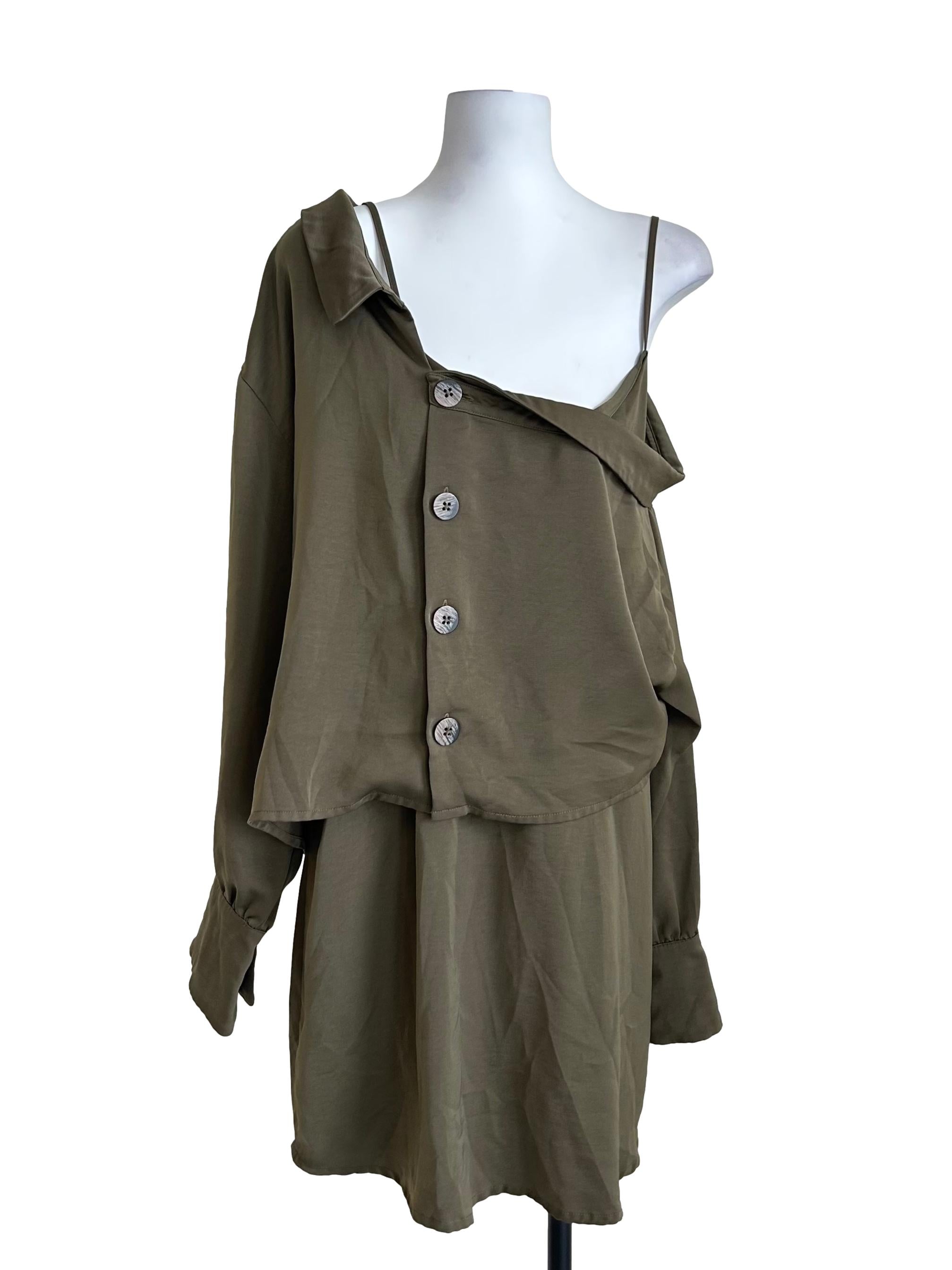 Olive Off Shoulder Buttoned Dress