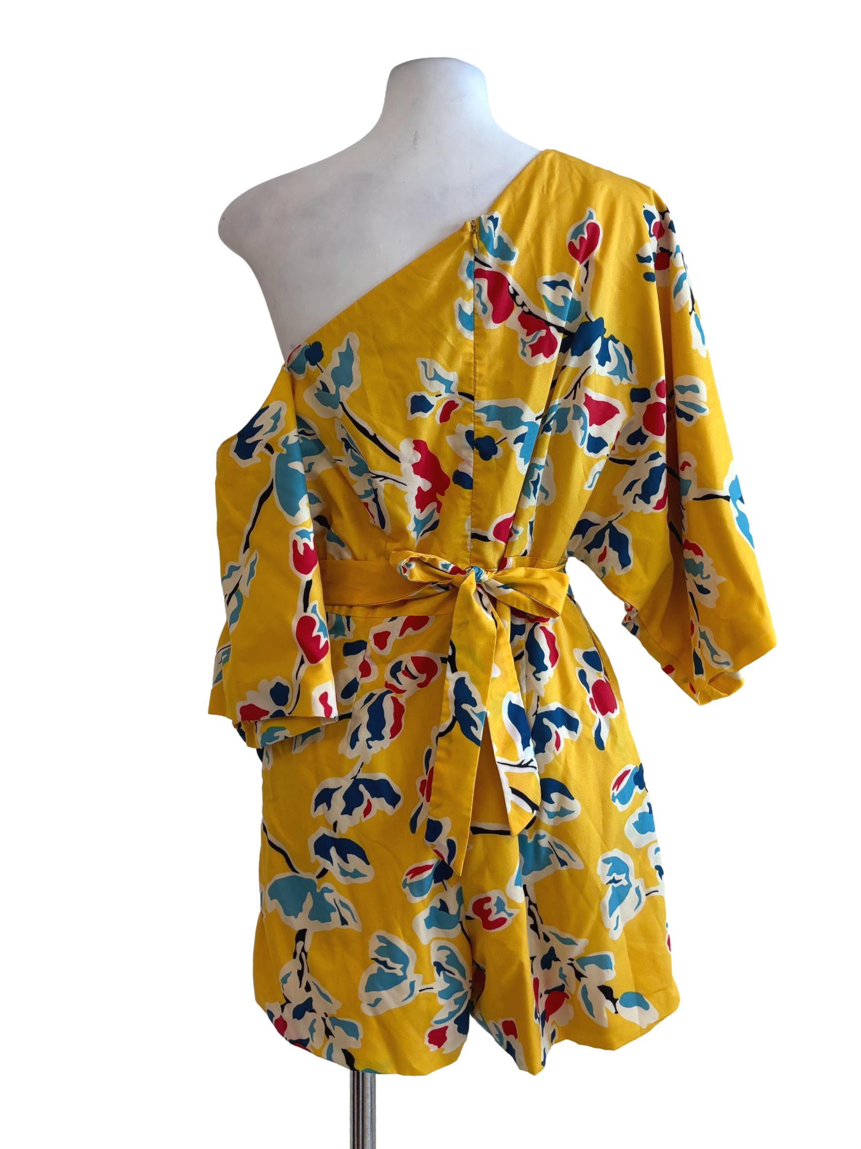 Mango Yellow One Shoulder Printed Romper