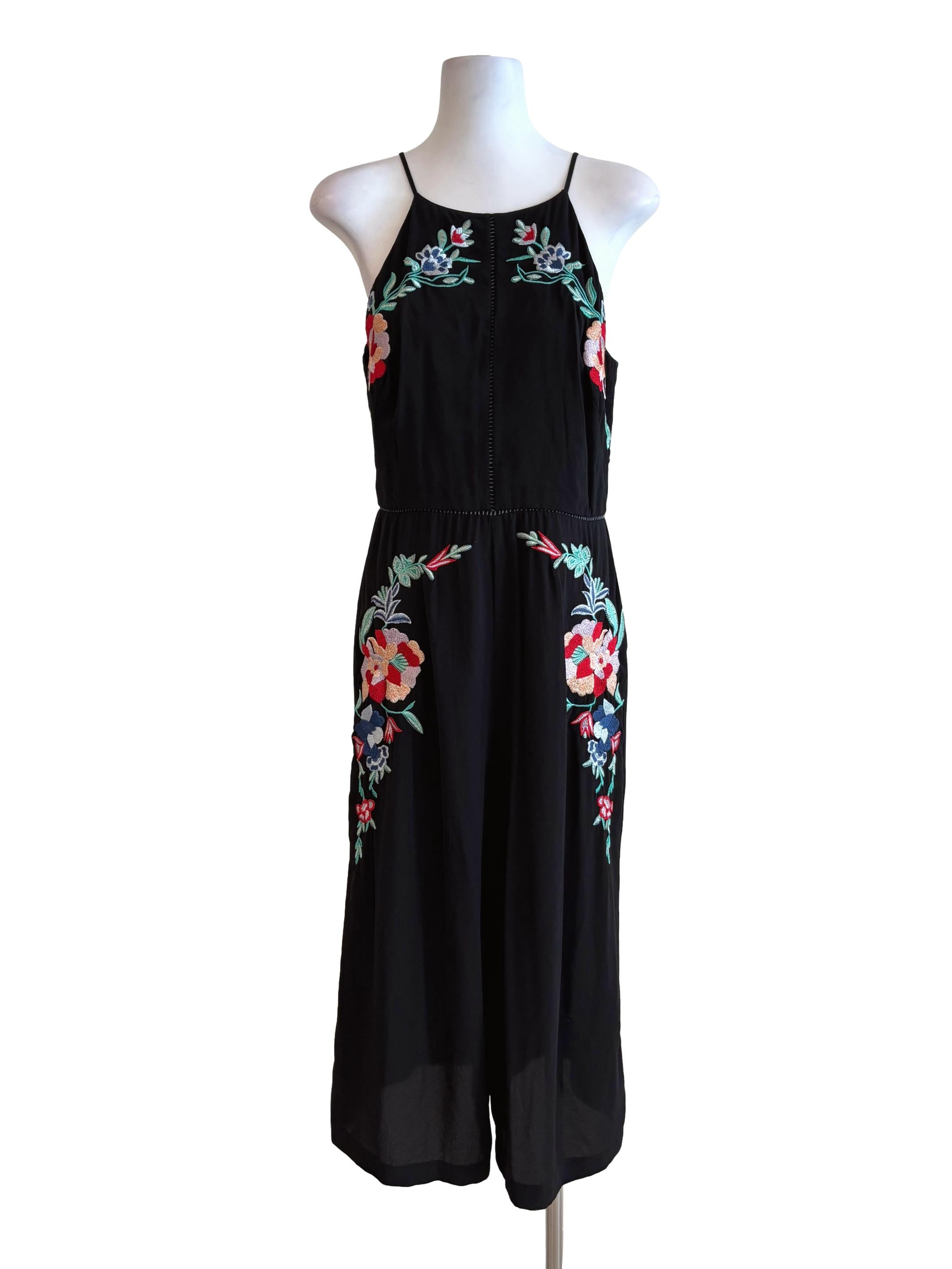Soft Black Embroidered Halter Romper