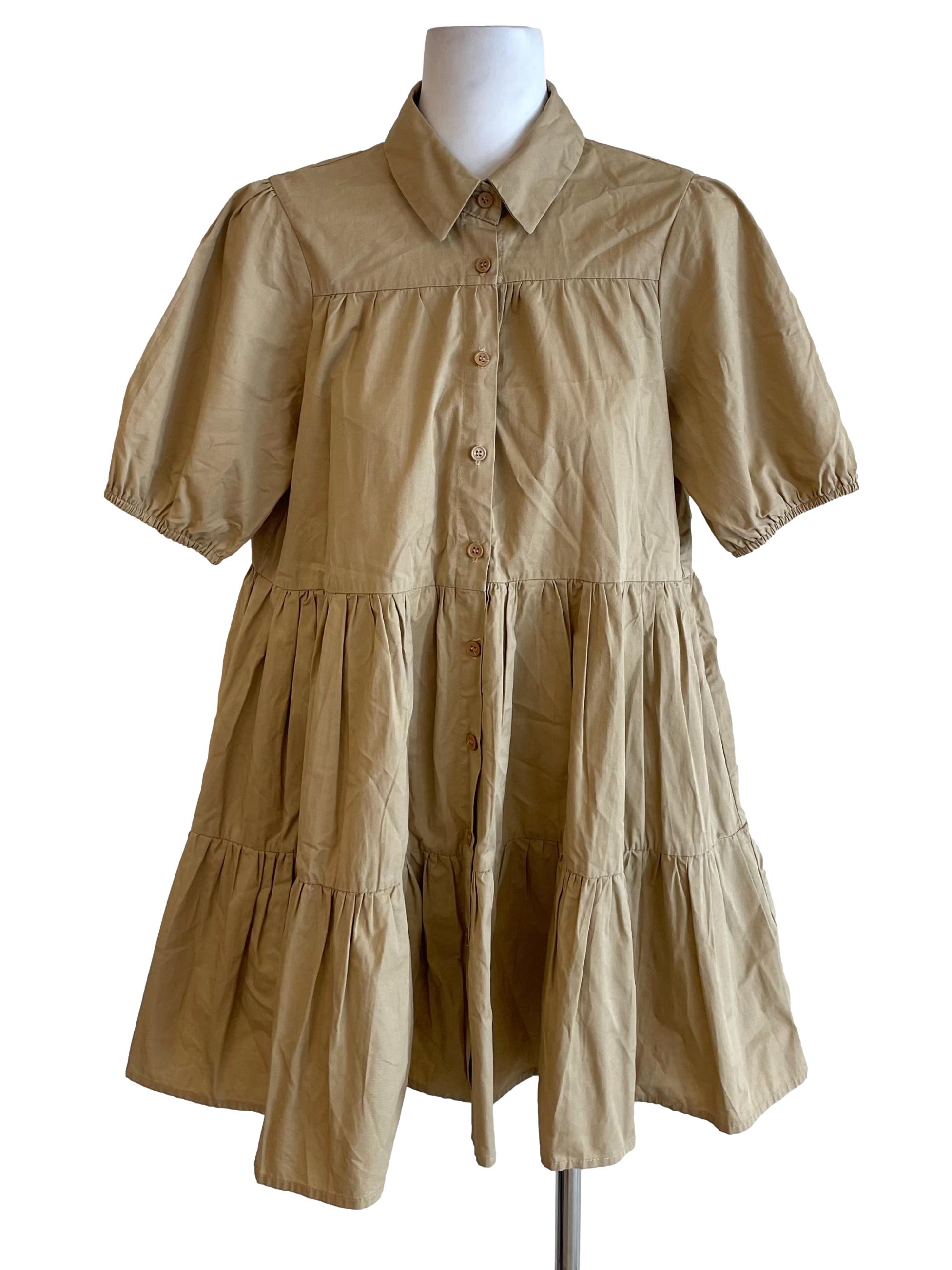 Khaki Tiered Babydoll Shirt Dress