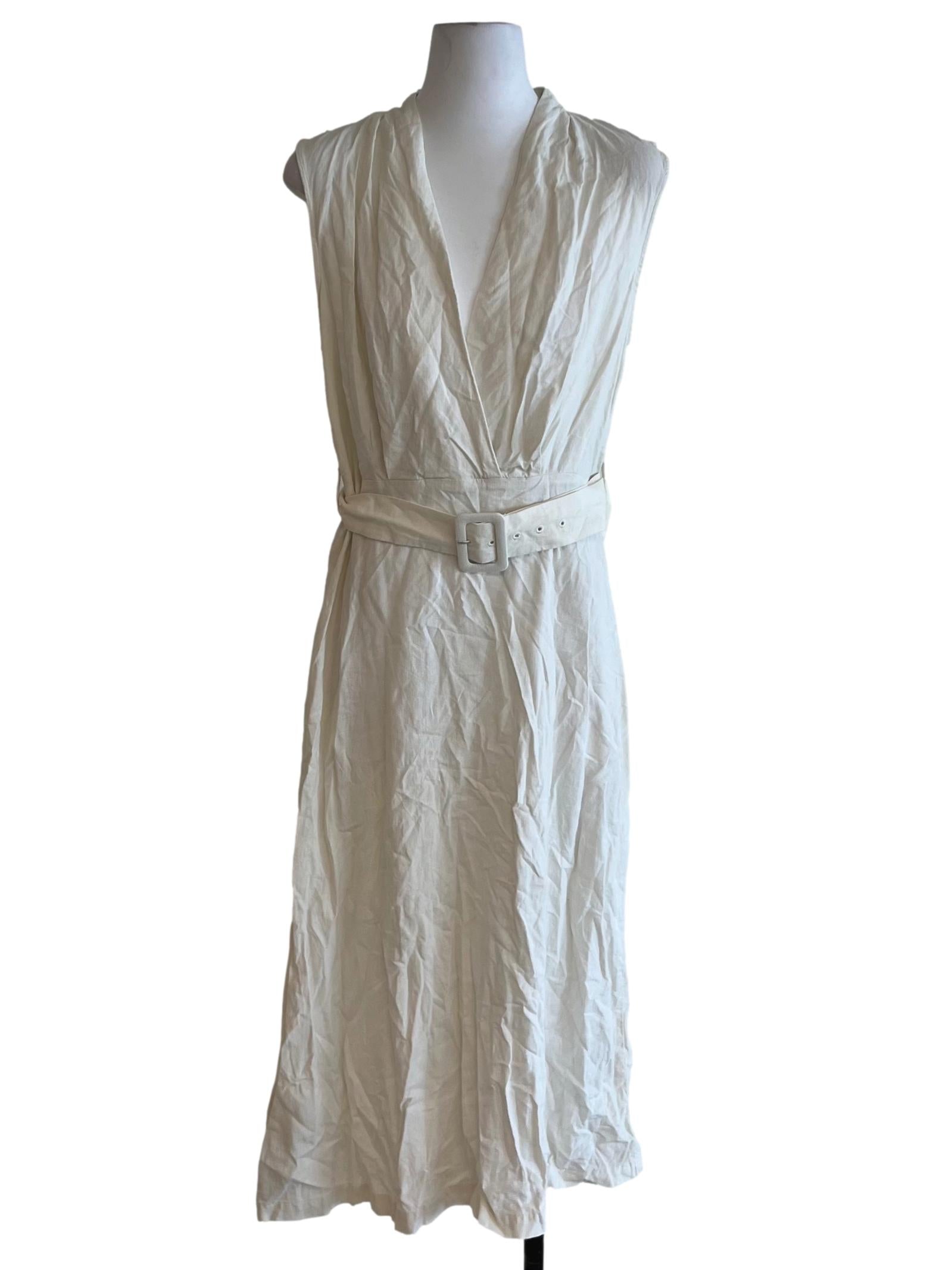 White V-Neckline Belted Dress