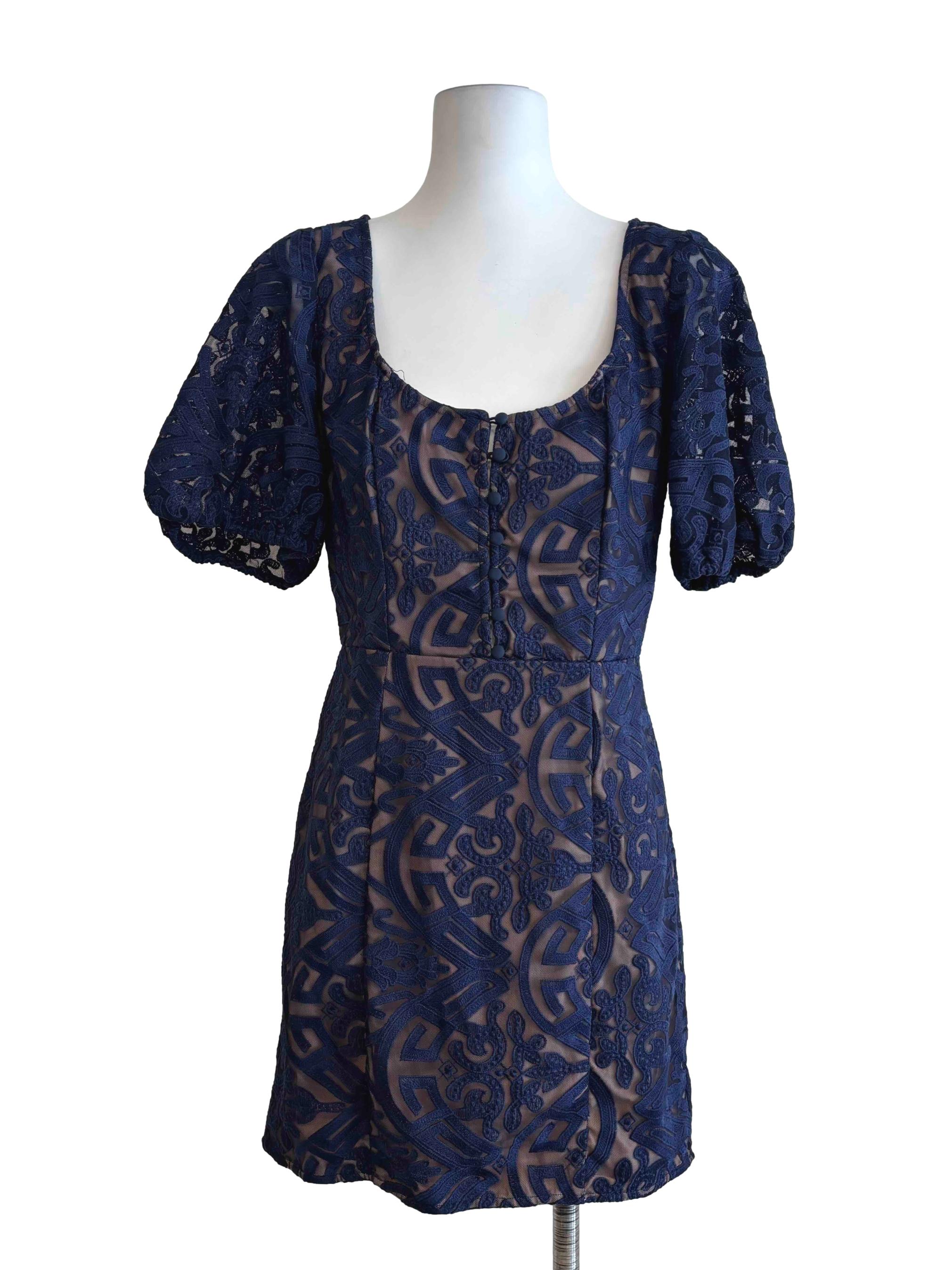 Berry Blue Puff Sleeve Embroidered Dress