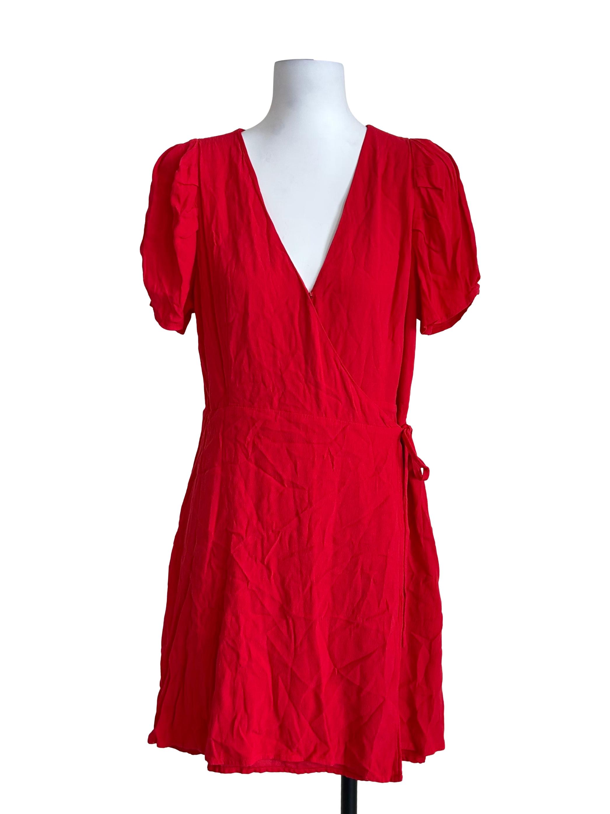 Red Short Sleeve Wrap Dress