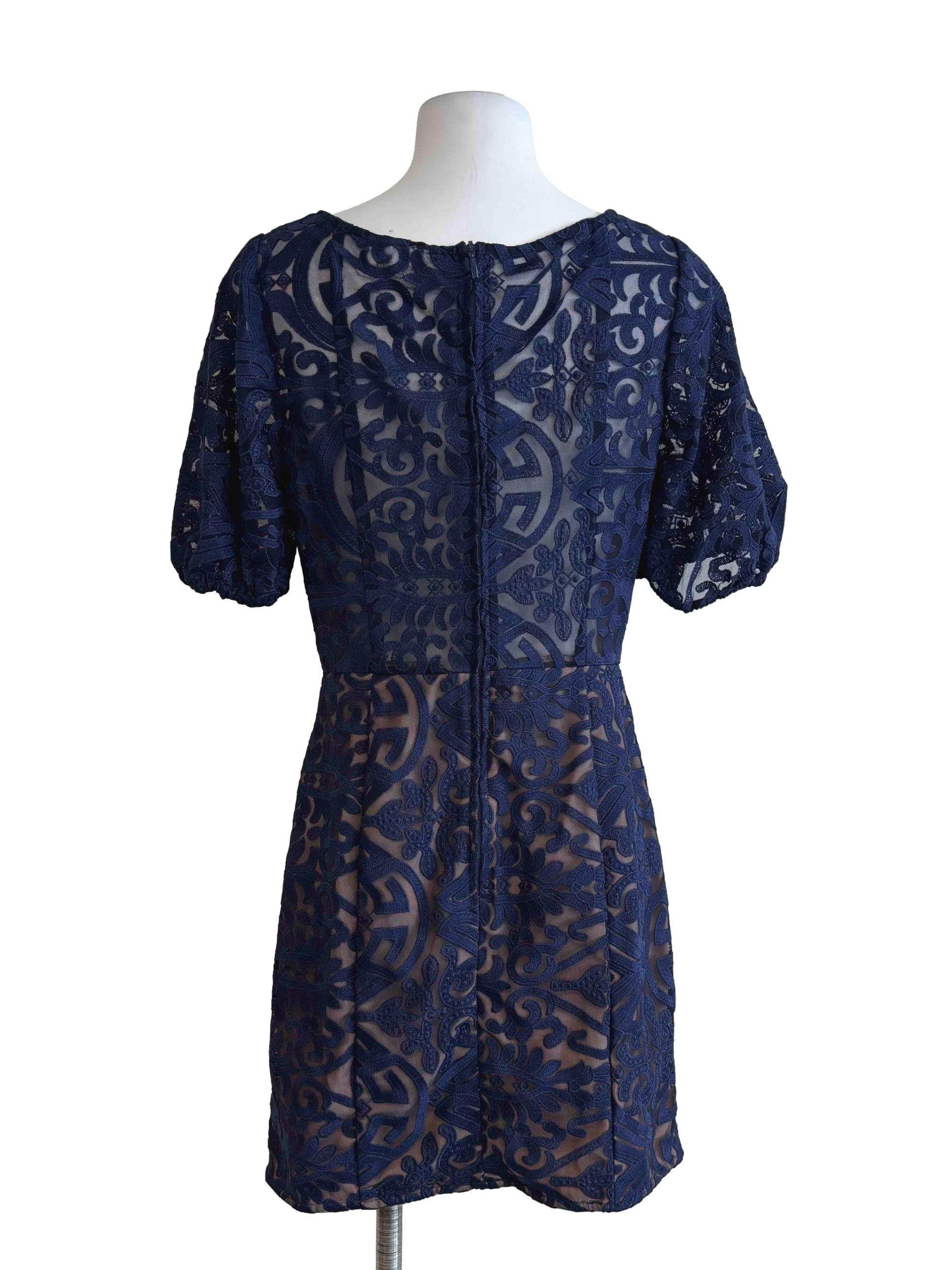 Berry Blue Puff Sleeve Embroidered Dress