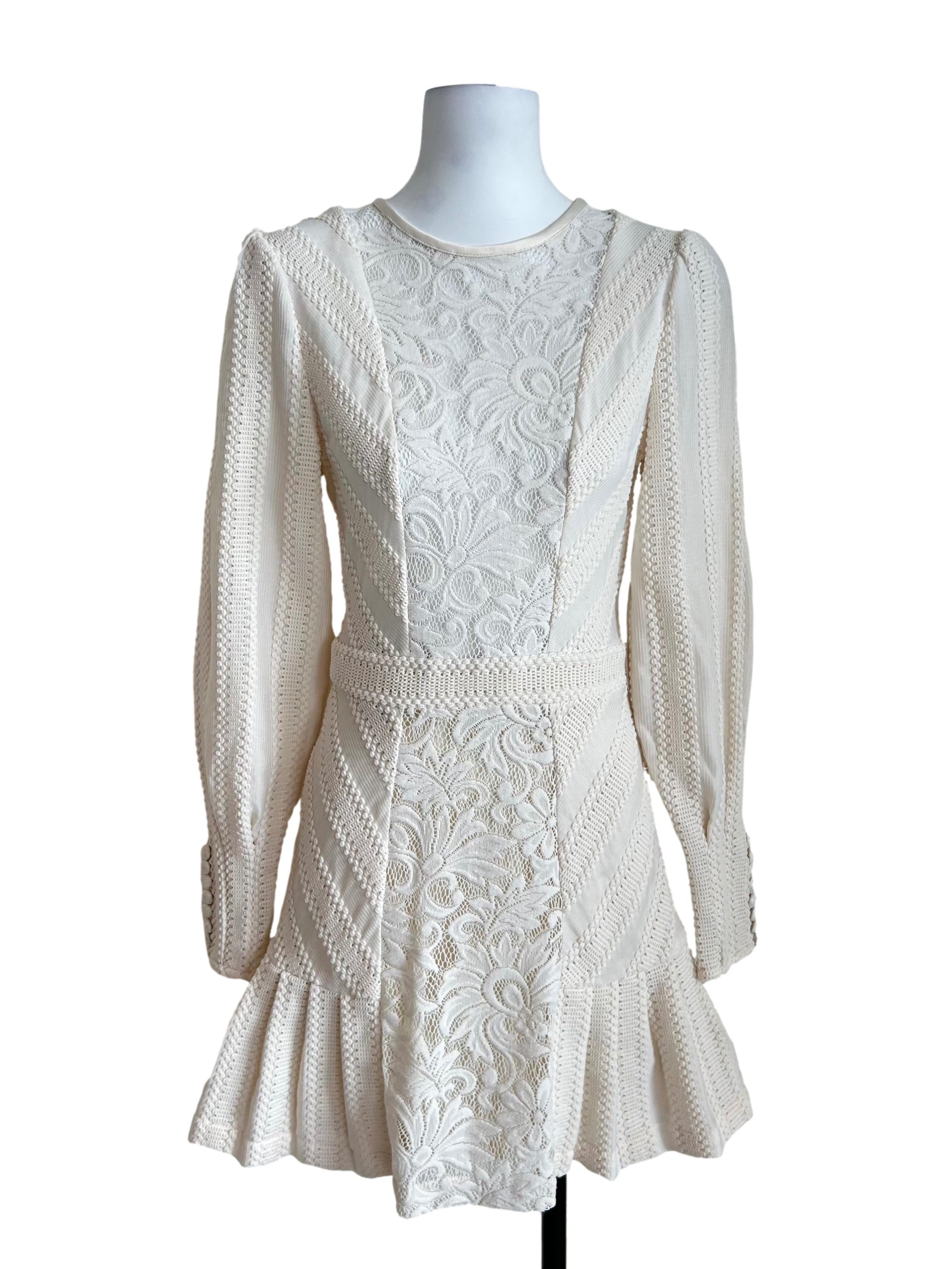 Cream Textured Lace Mini Dress