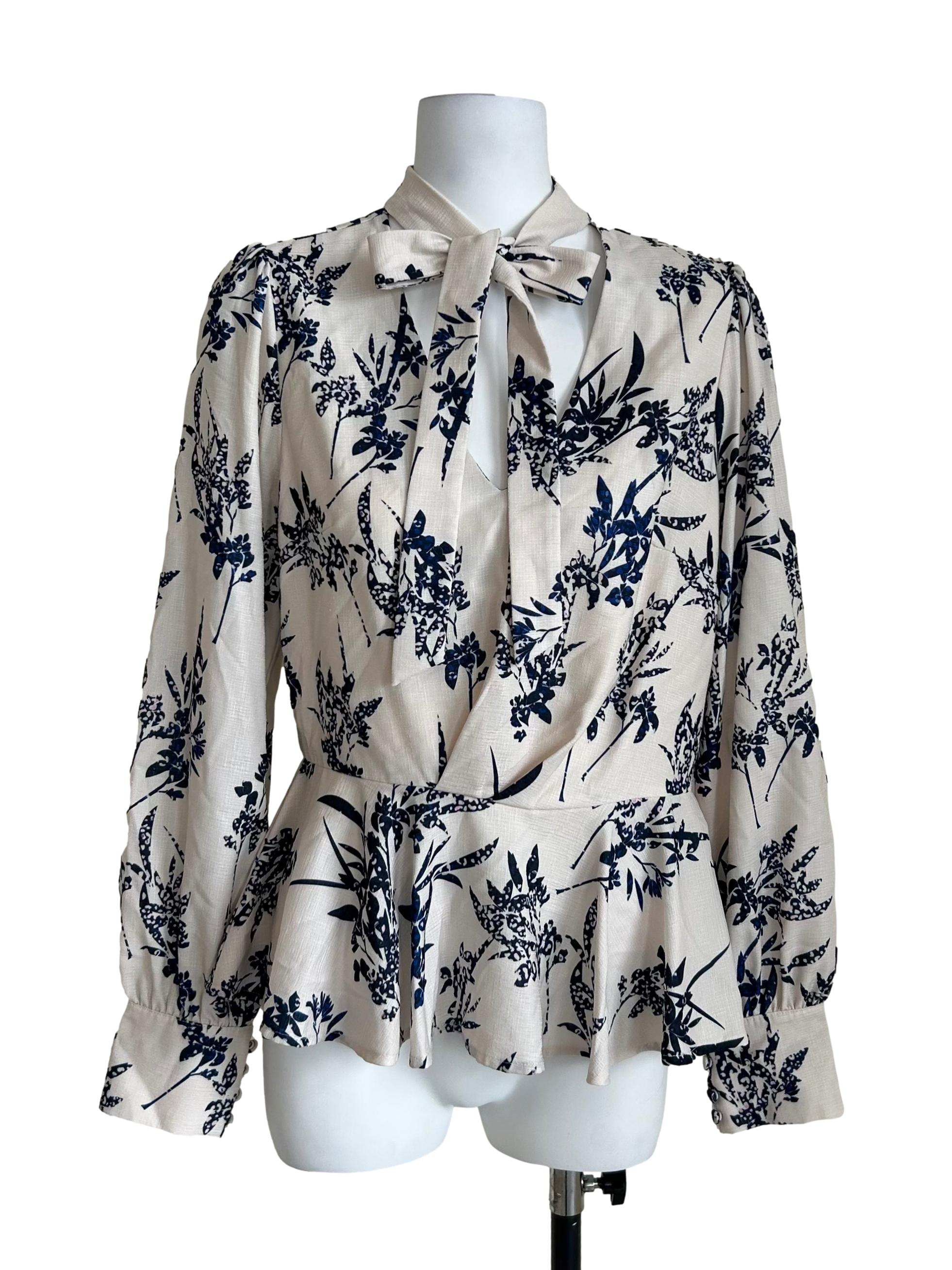 Cream Blue Floral Peplum Blouse