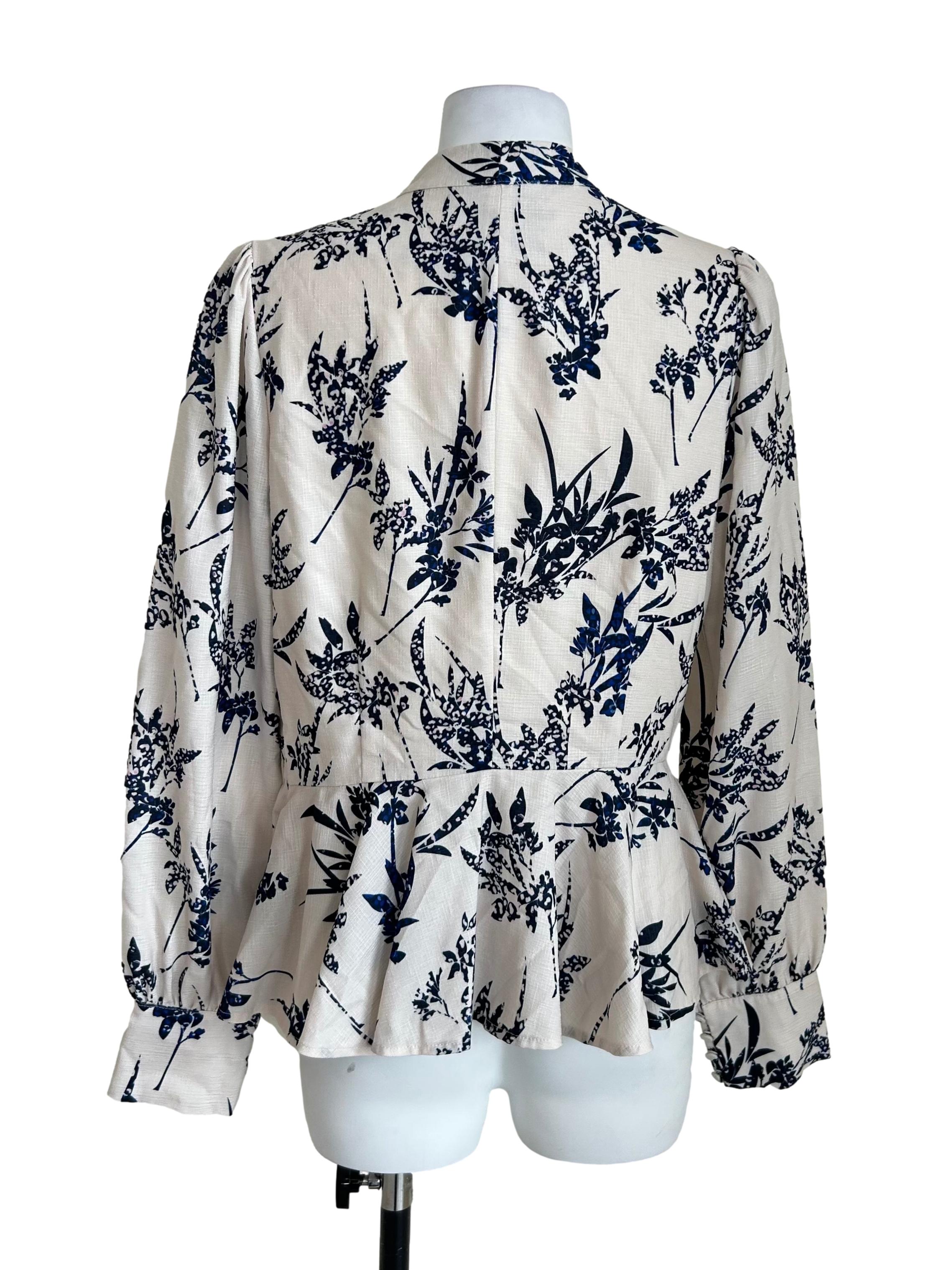 Cream Blue Floral Peplum Blouse