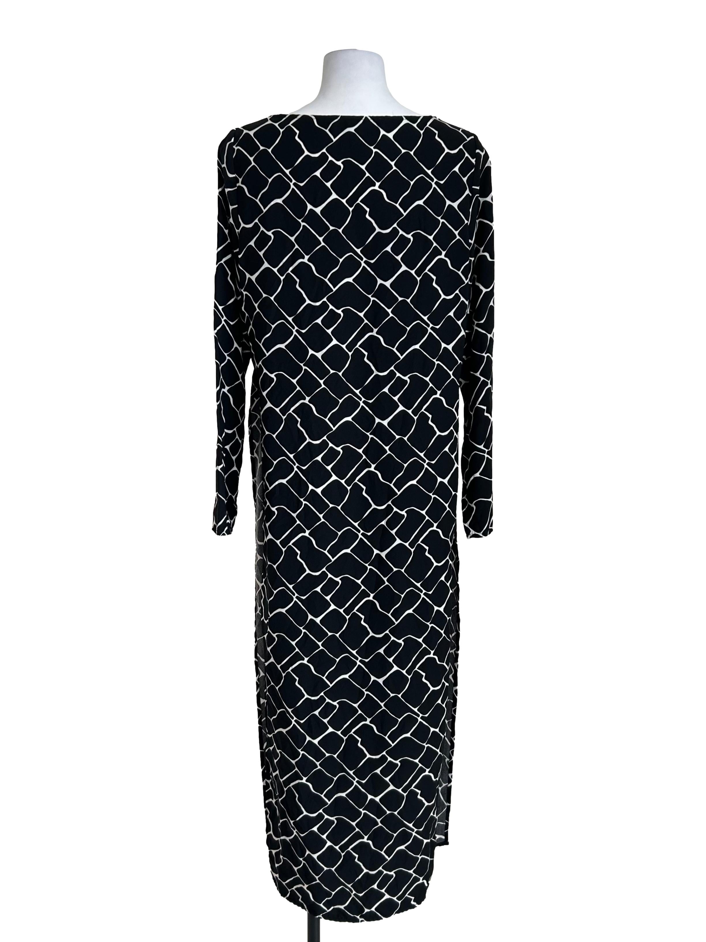 Black White Geometric Slit Long Blouse
