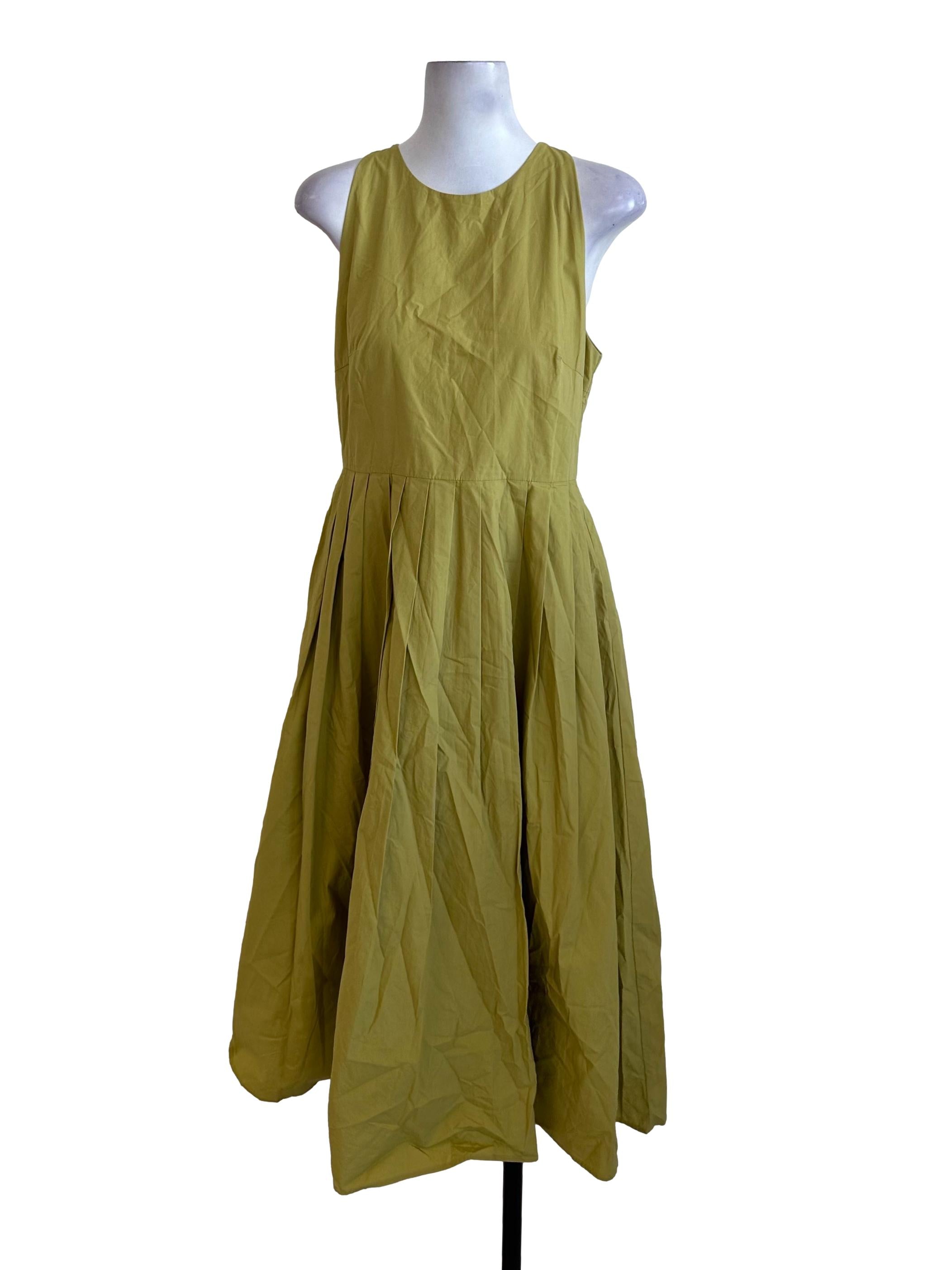 Lime Green Round Neck Pleated Dress OSN