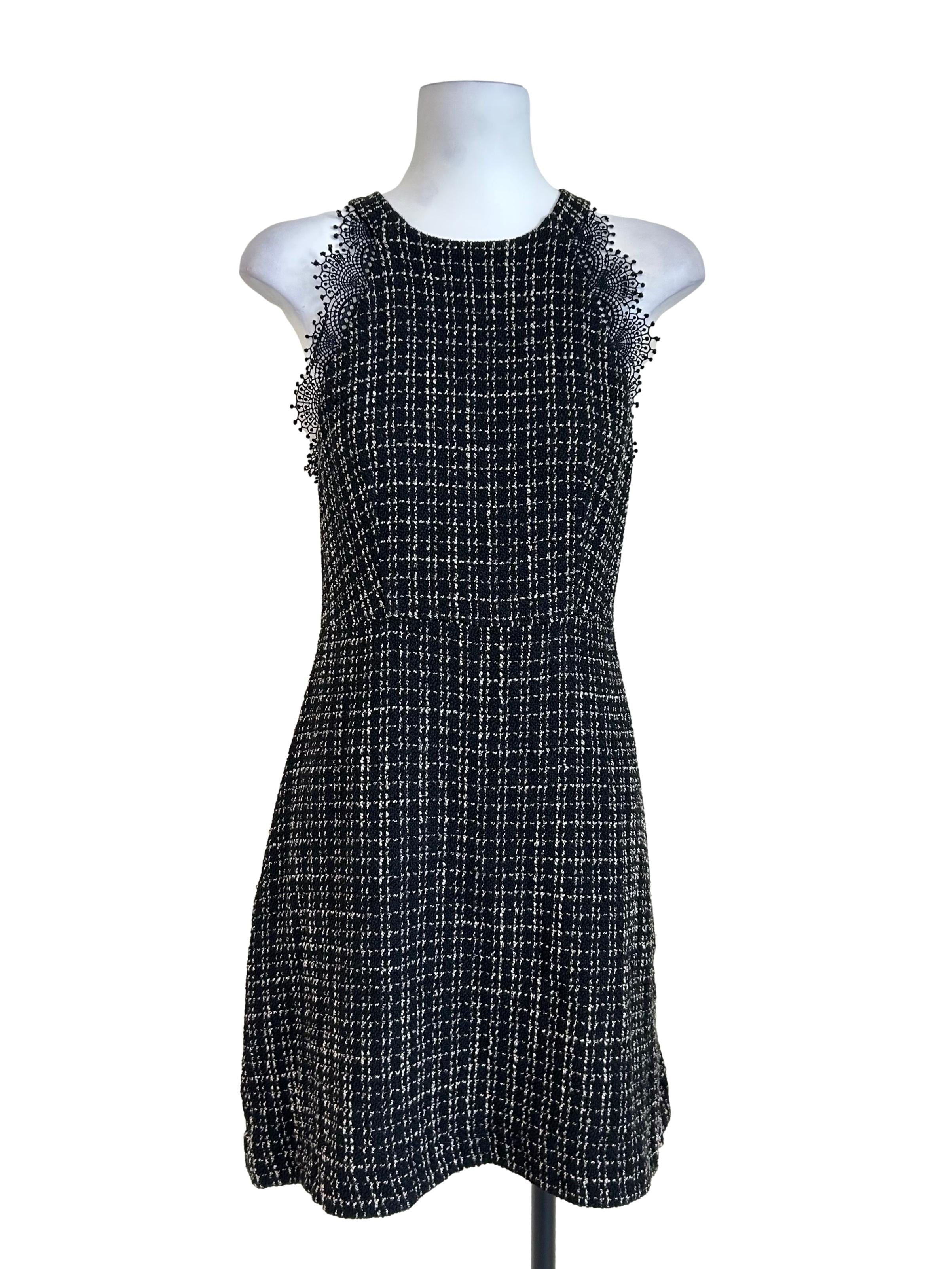 Black Tweed Lace Trim Dress