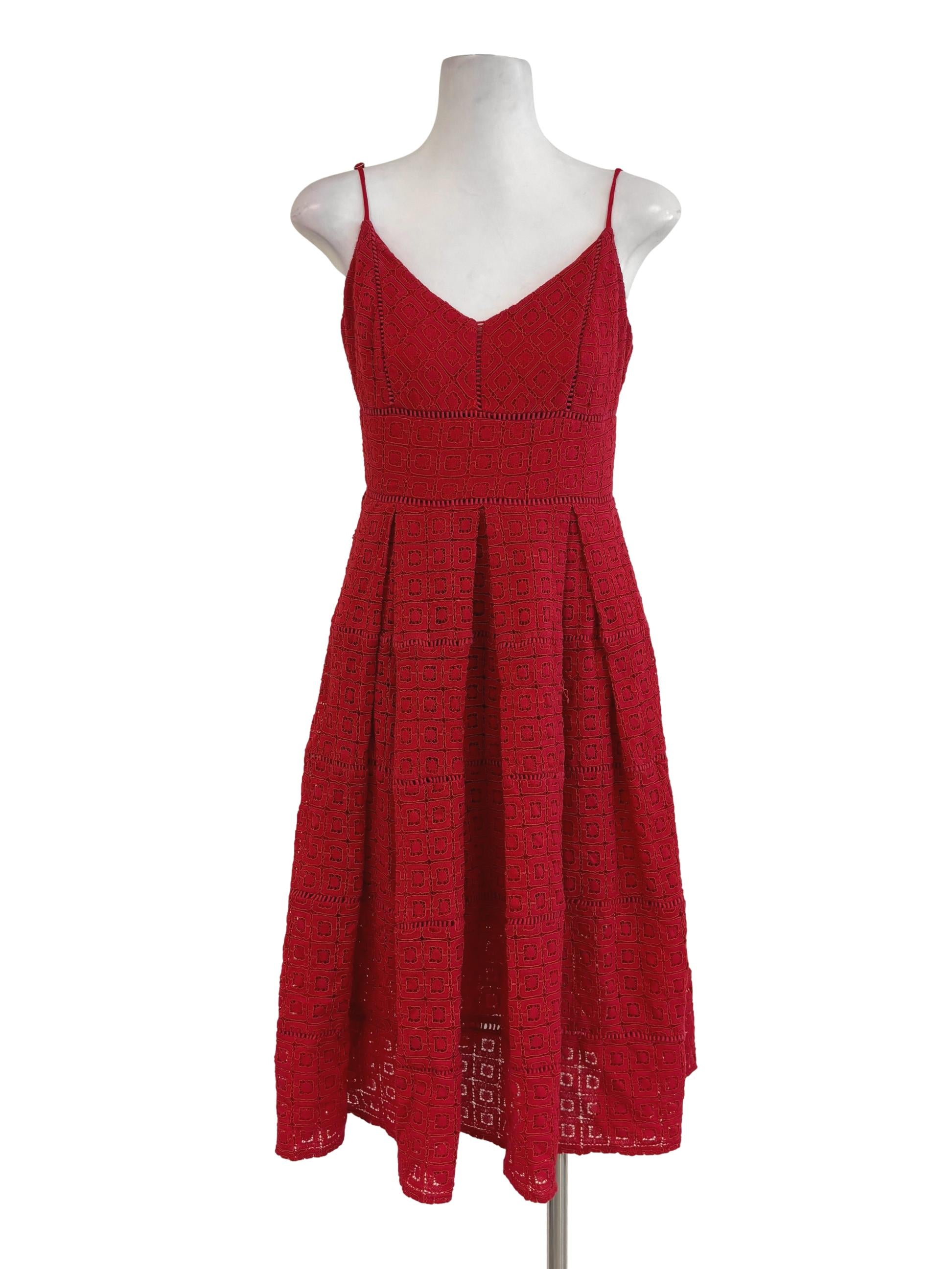 Bright Red Spaghetti Strap Textured A-Line Dress
