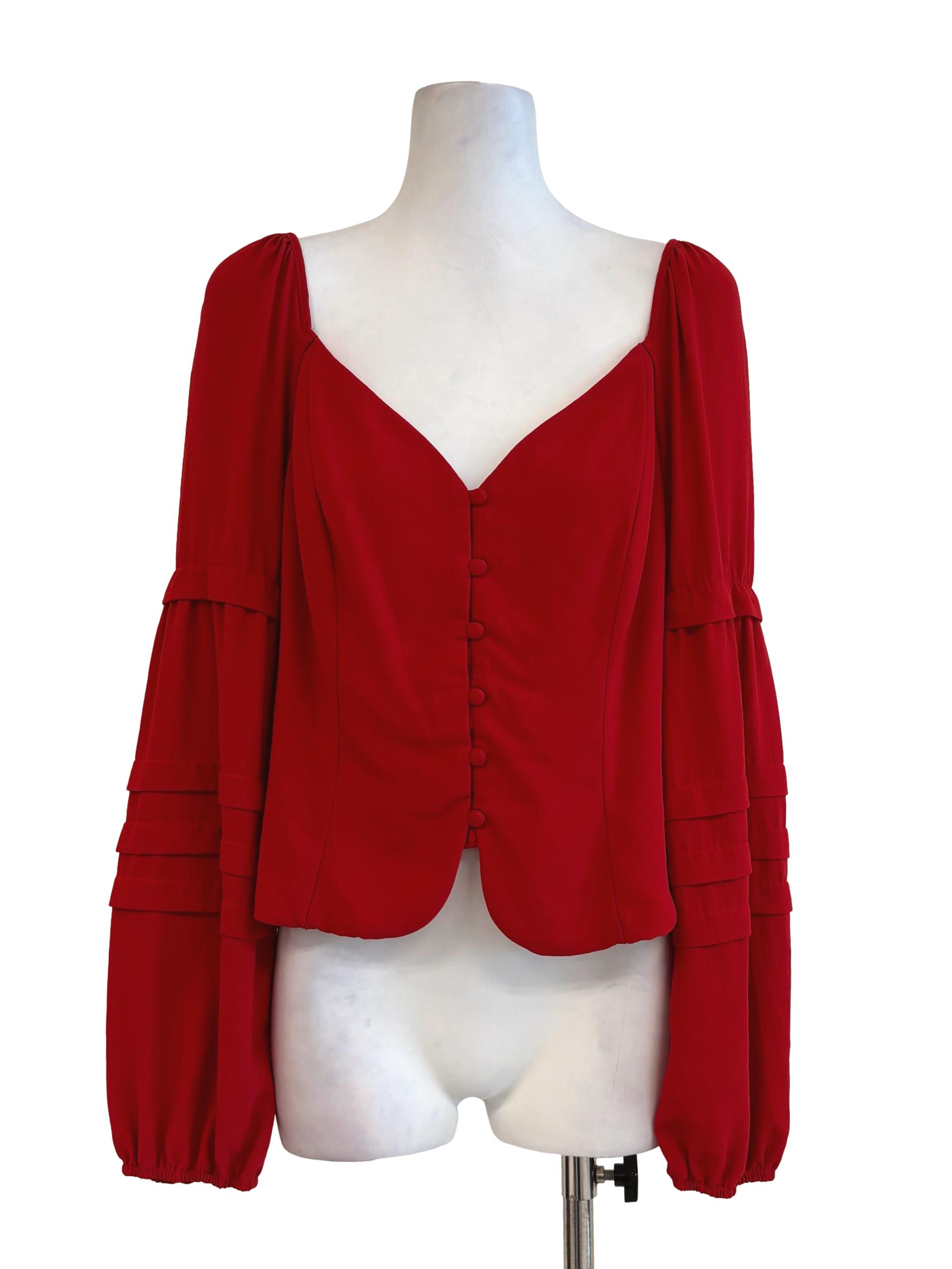 Fire Red Long Sleeve Fitted Button Top