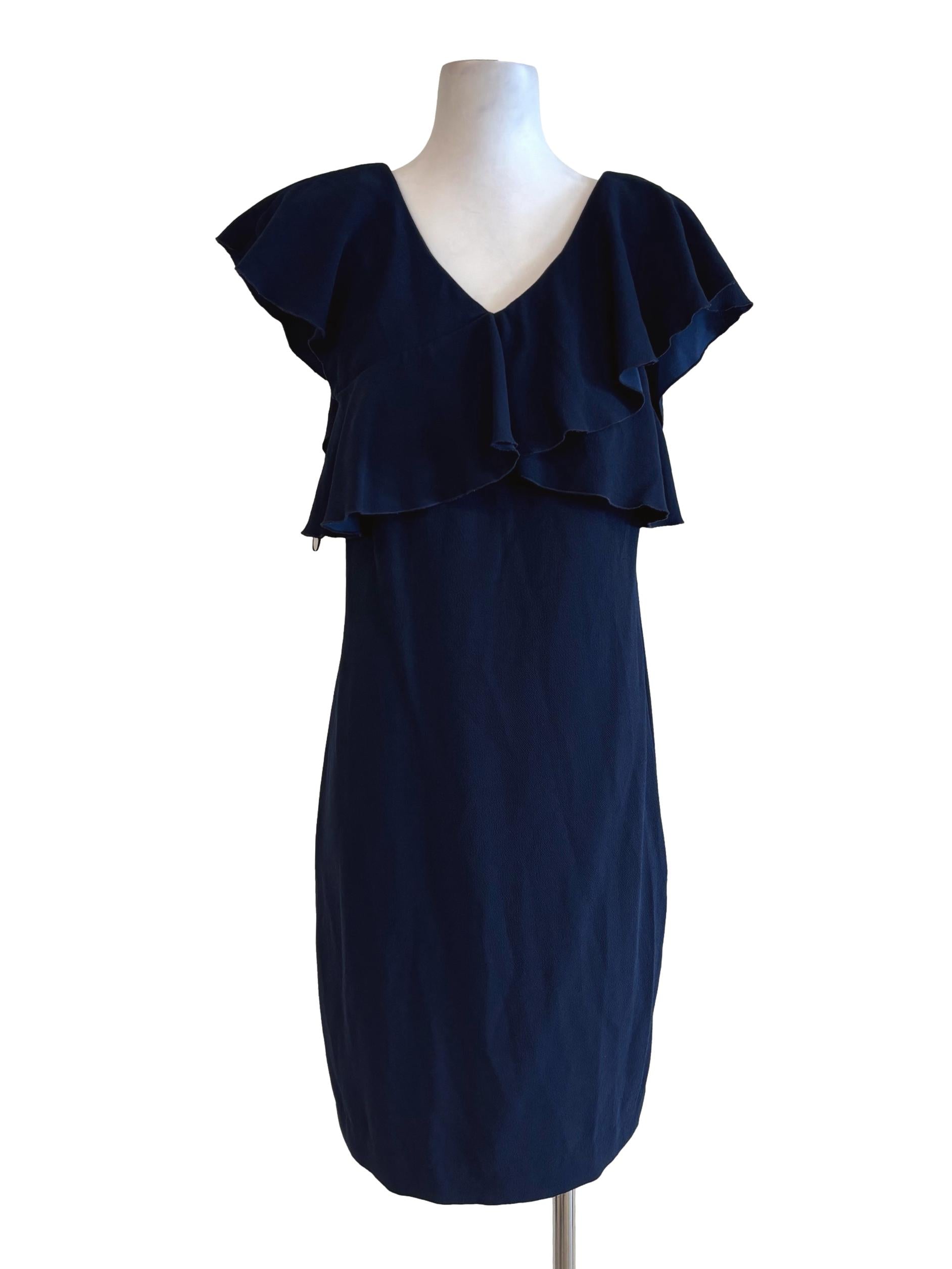 Navy Blue Ruffle Shoulder Sheath Dress
