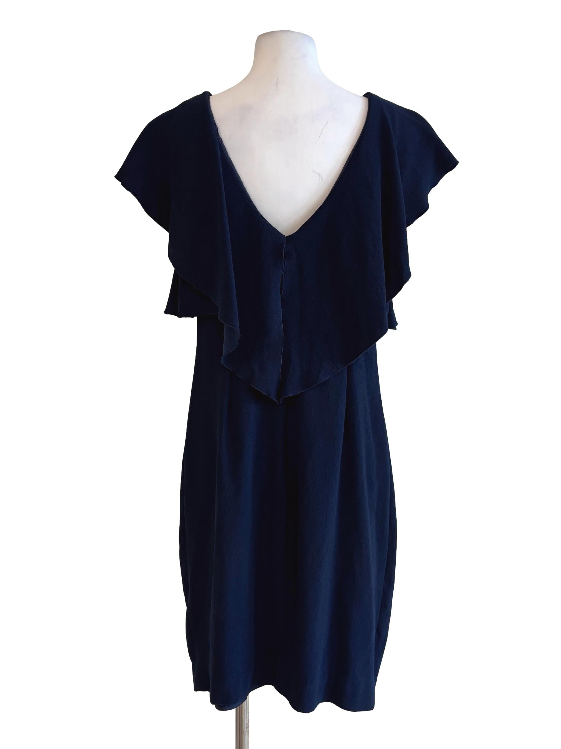 Navy Blue Ruffle Shoulder Sheath Dress