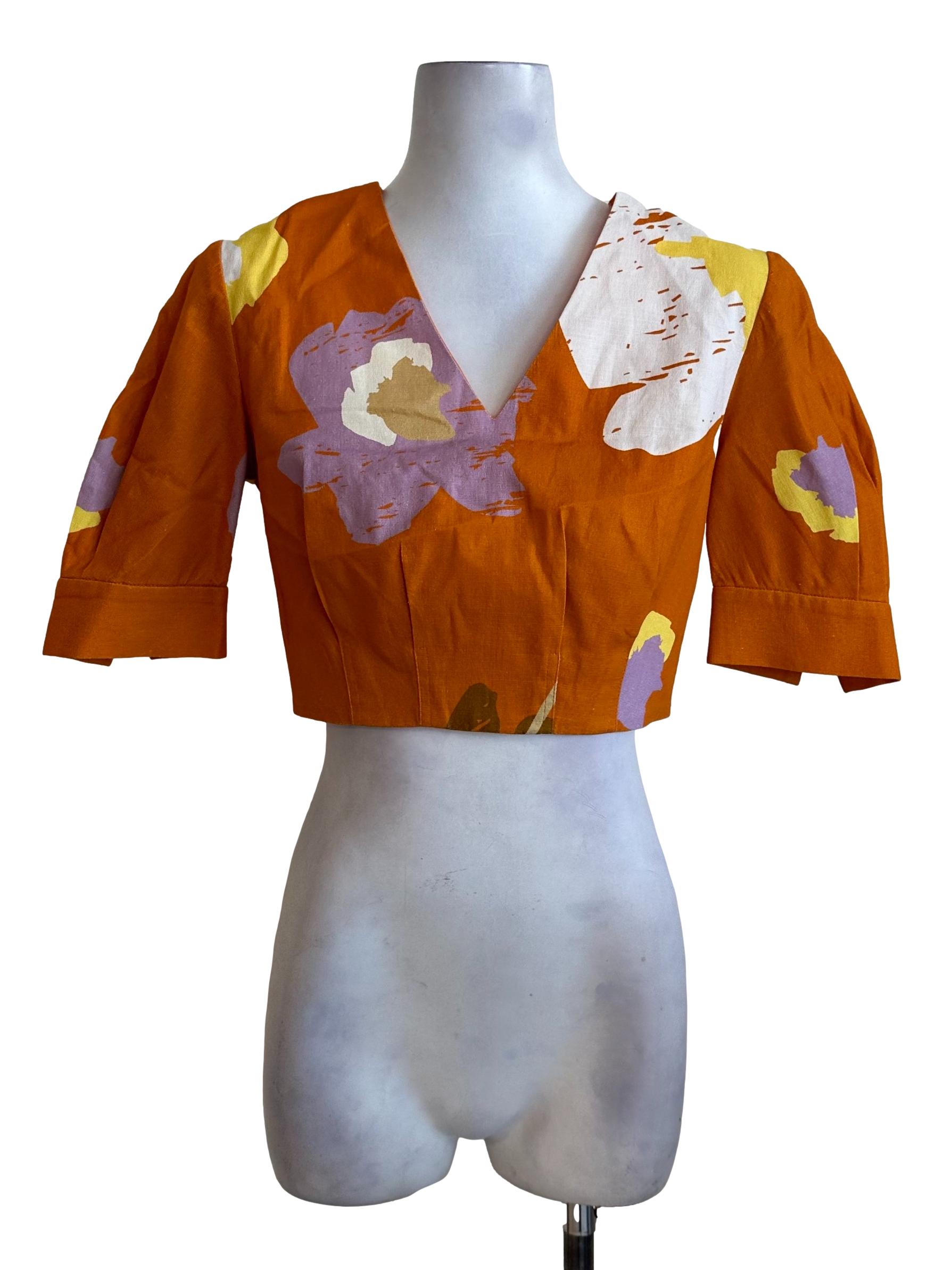 Brick Orange Pattern V Neck Top  OSN