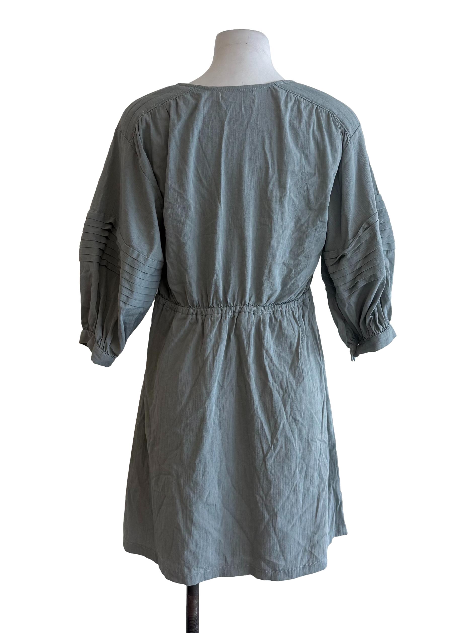 Light Sage Pleated Puff Sleeves Dress