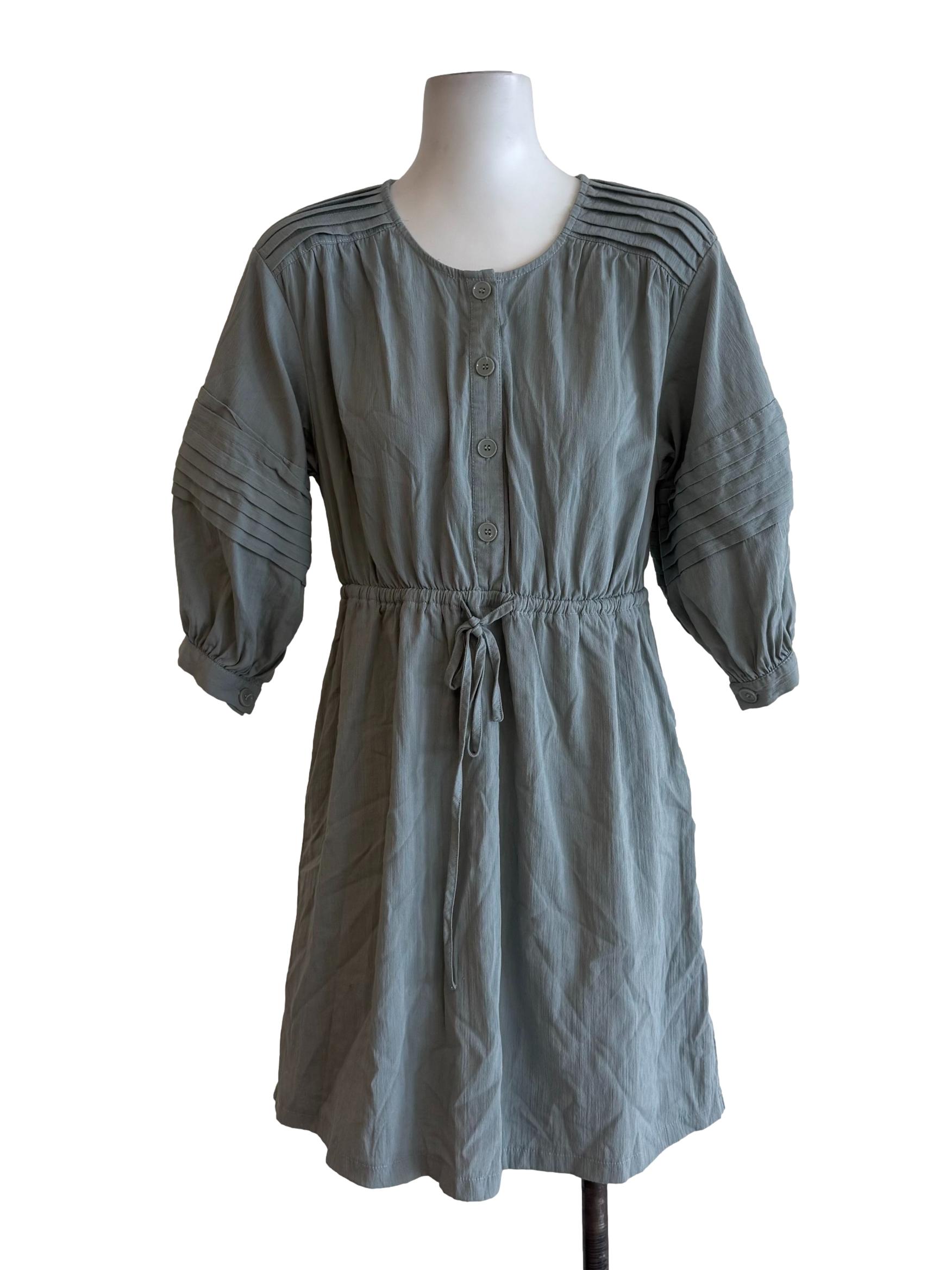 Light Sage Pleated Puff Sleeves Dress