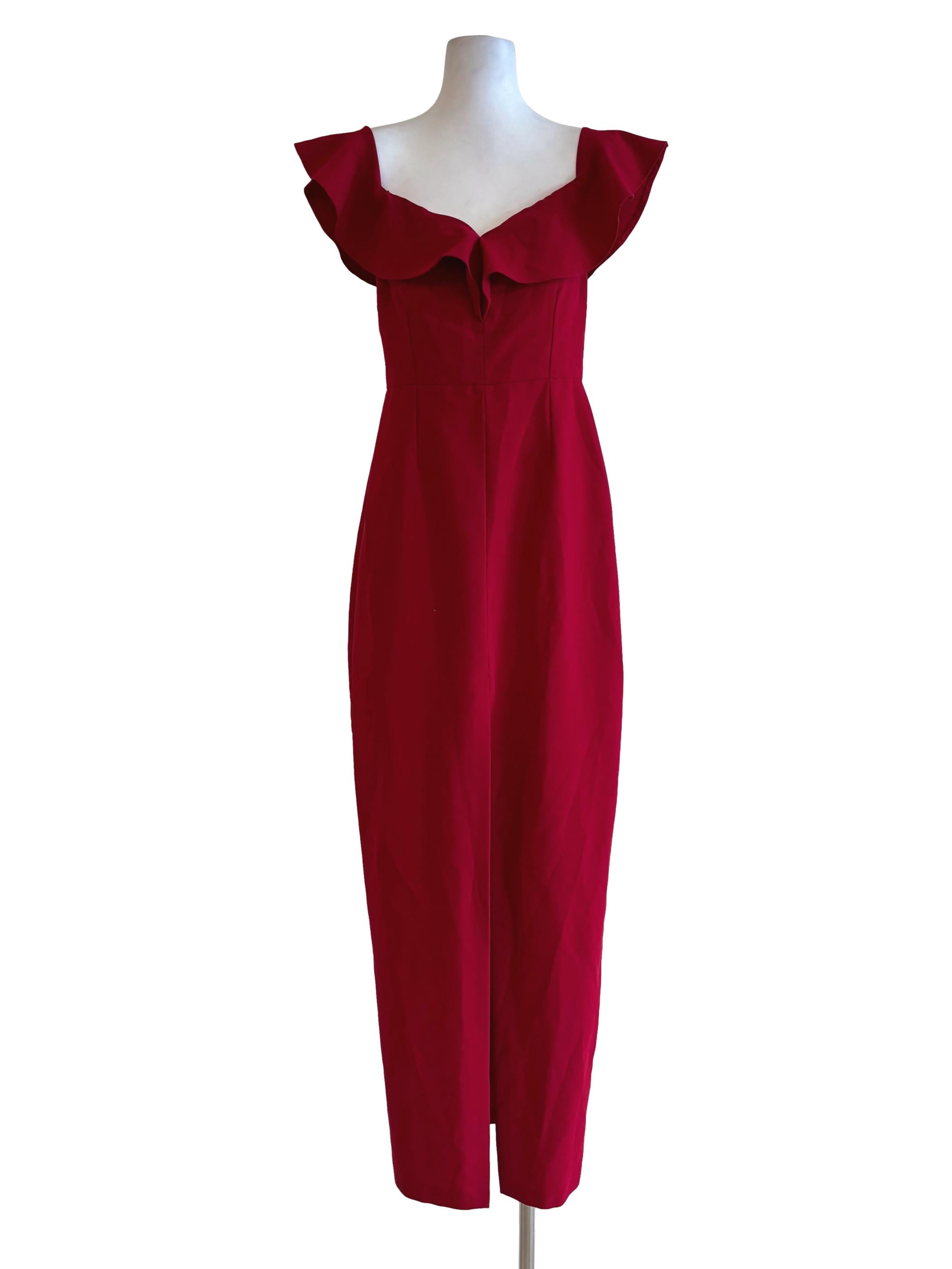 Crimson Red Off Shoulder Slit Pencil Dress