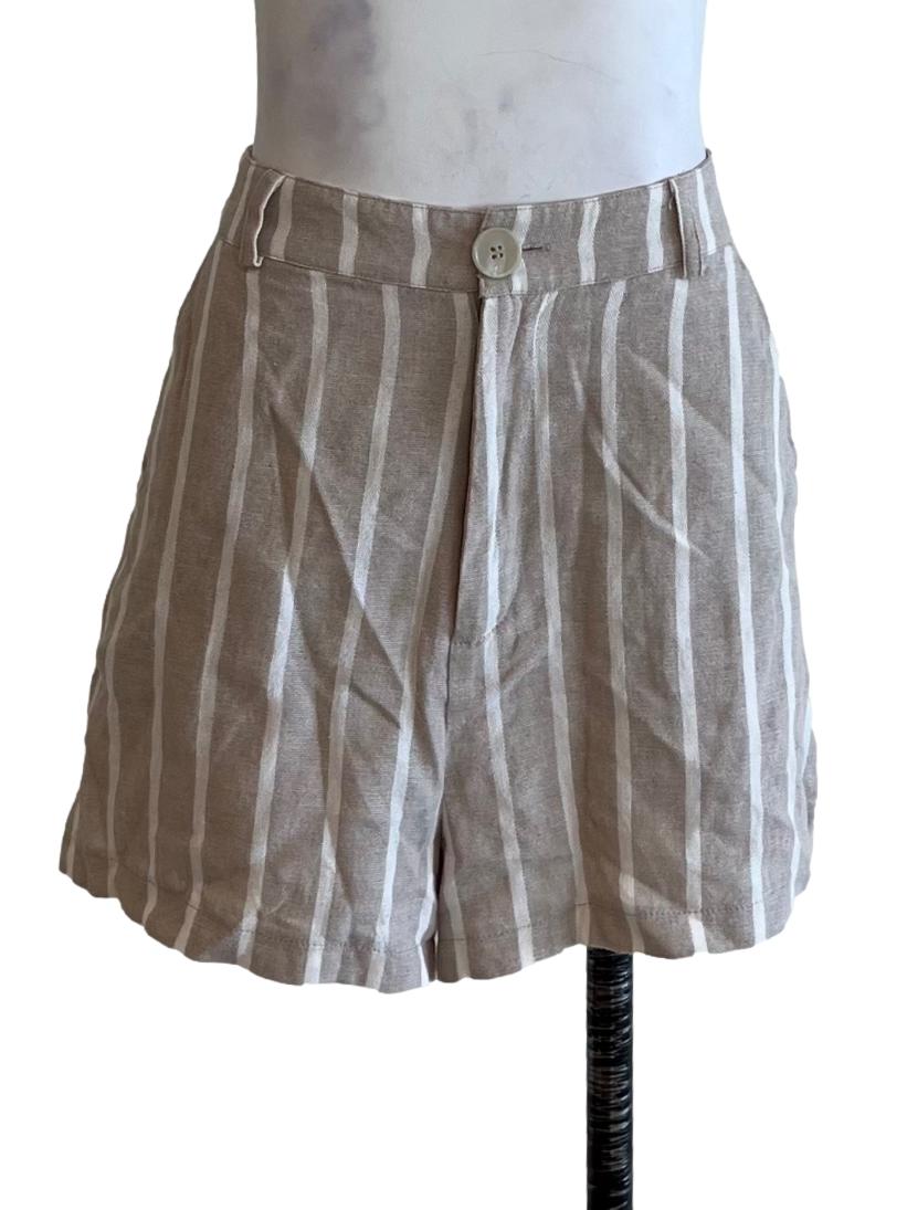 Beige Chalk Stripe High-Waisted Shorts