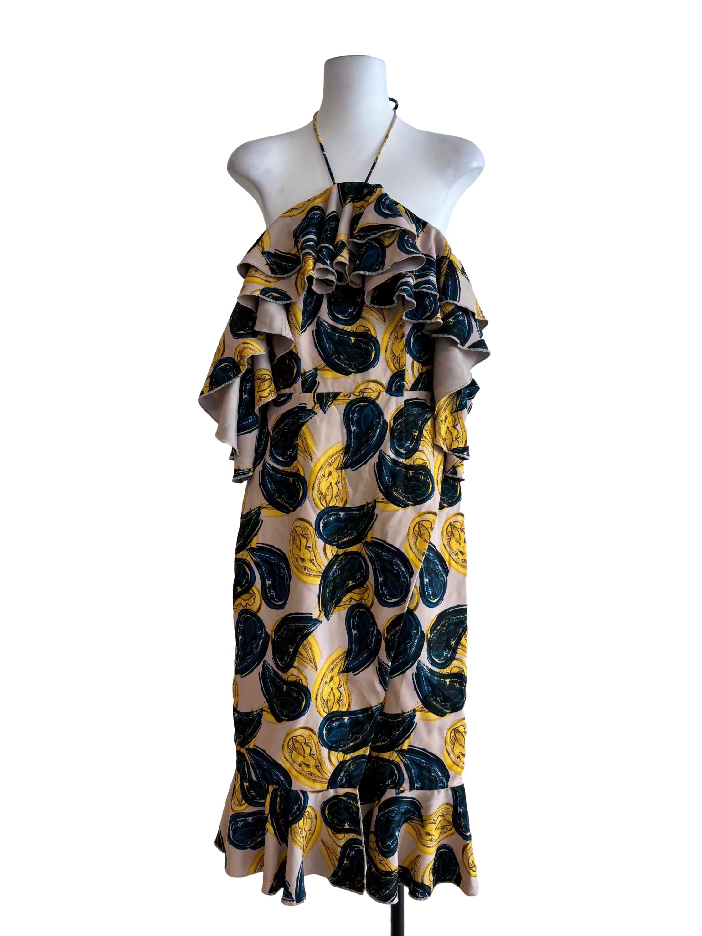 Beige And Yellow Ruffle Halter Dress