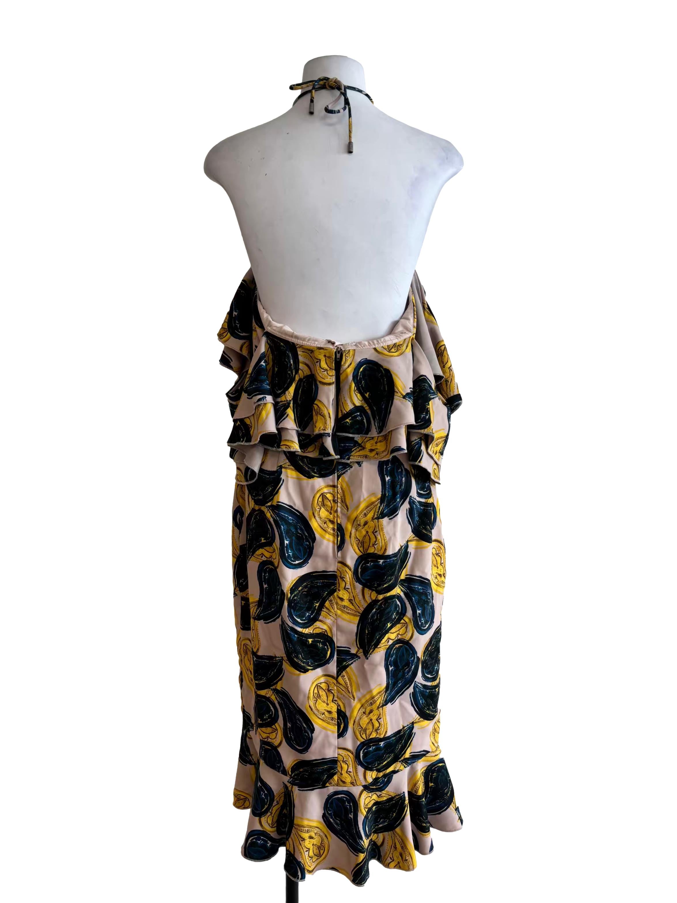 Beige And Yellow Ruffle Halter Dress