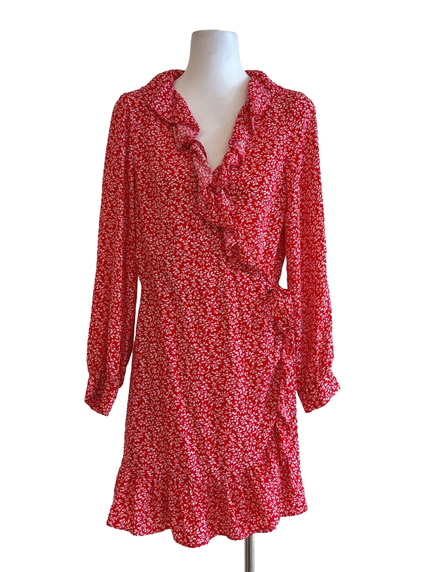 Scarlet Red Floral Ruffle Wrap Dress