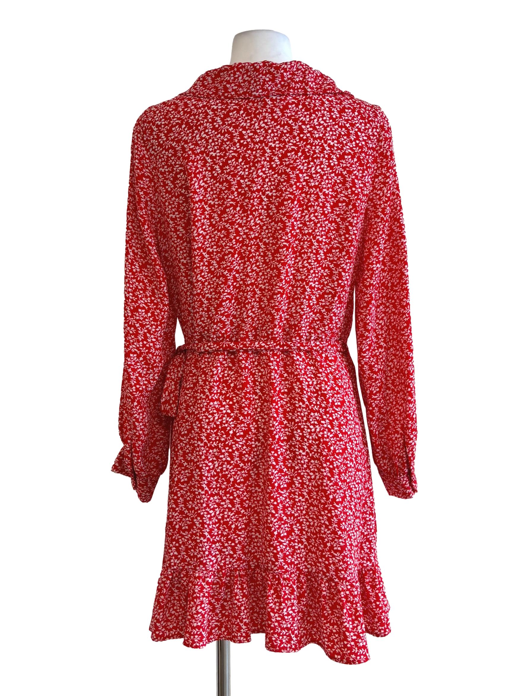 Scarlet Red Floral Ruffle Wrap Dress