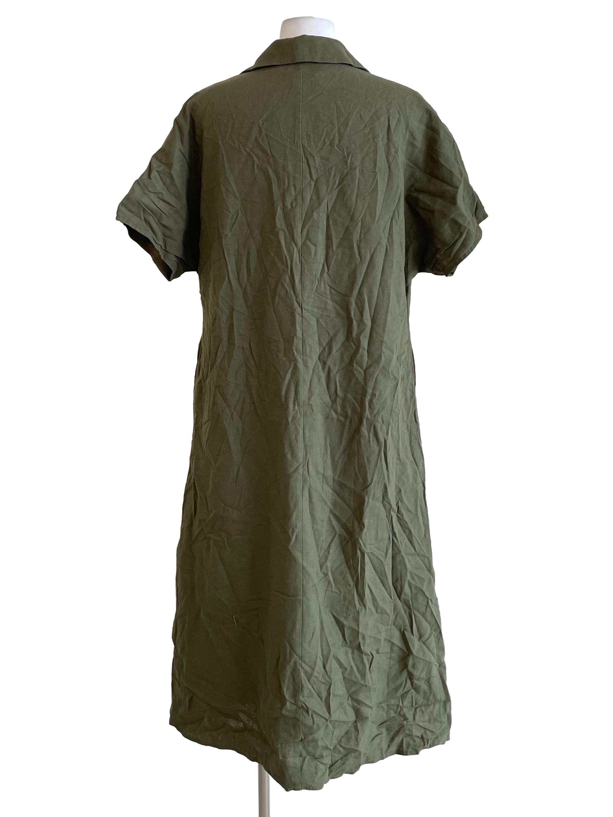Army Green Linen Collared V-Neck Dress OSN