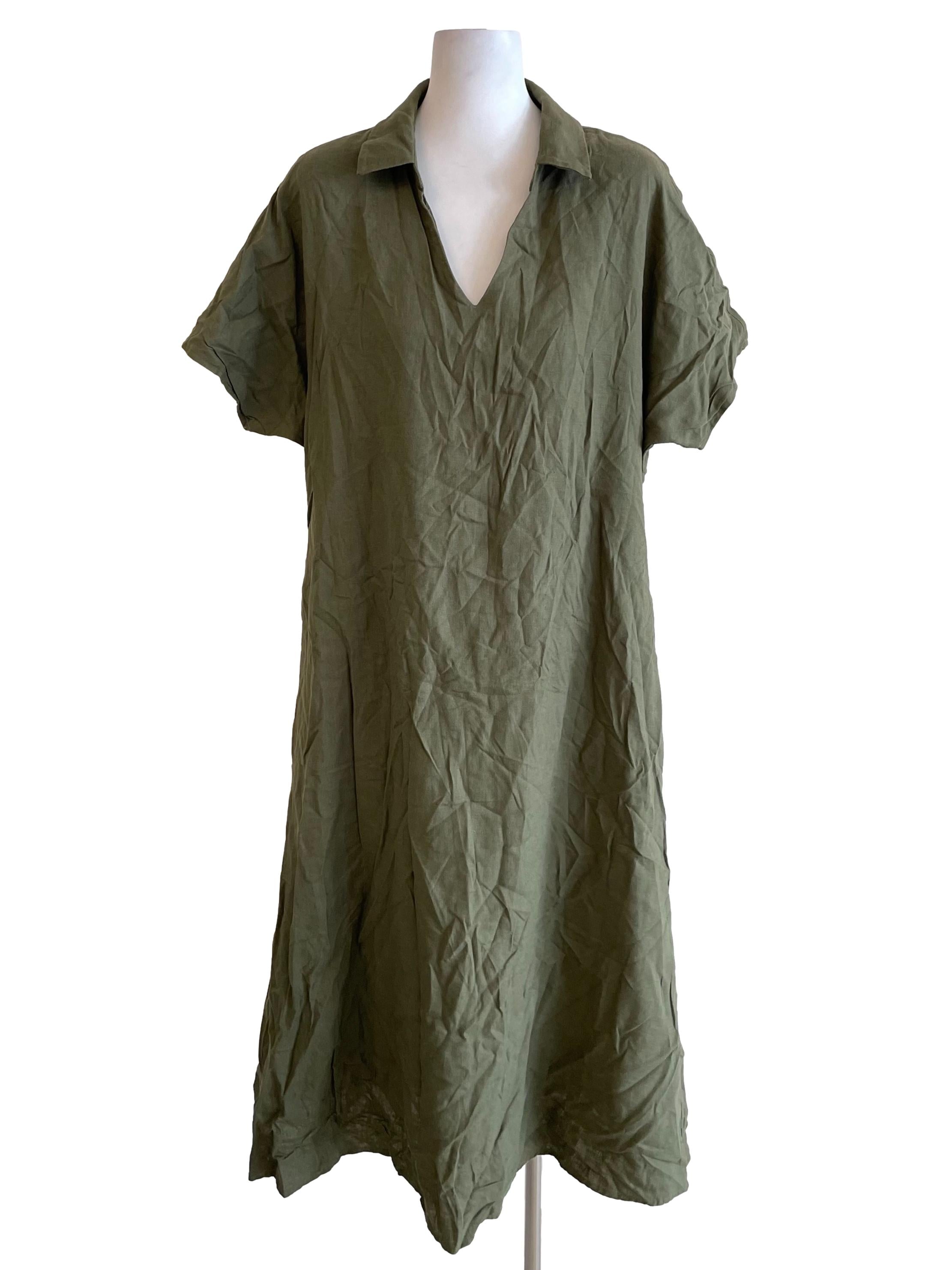 Army Green Linen Collared V-Neck Dress OSN