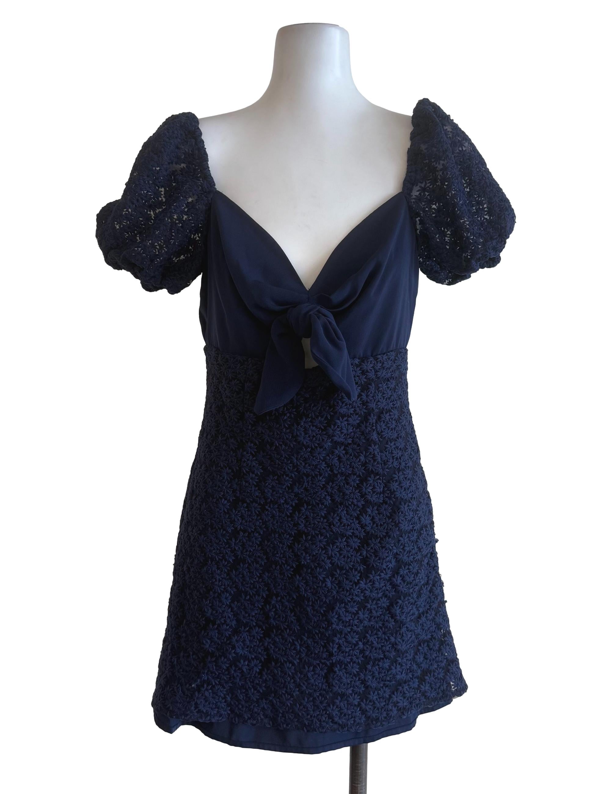 Navy Sweetheart Puff Sleeves Dress