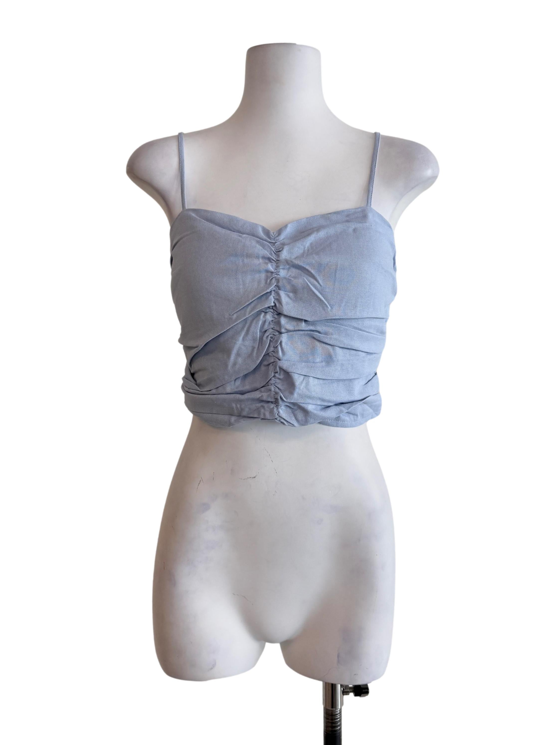 Blue Polina Ruched Linen Crop Top