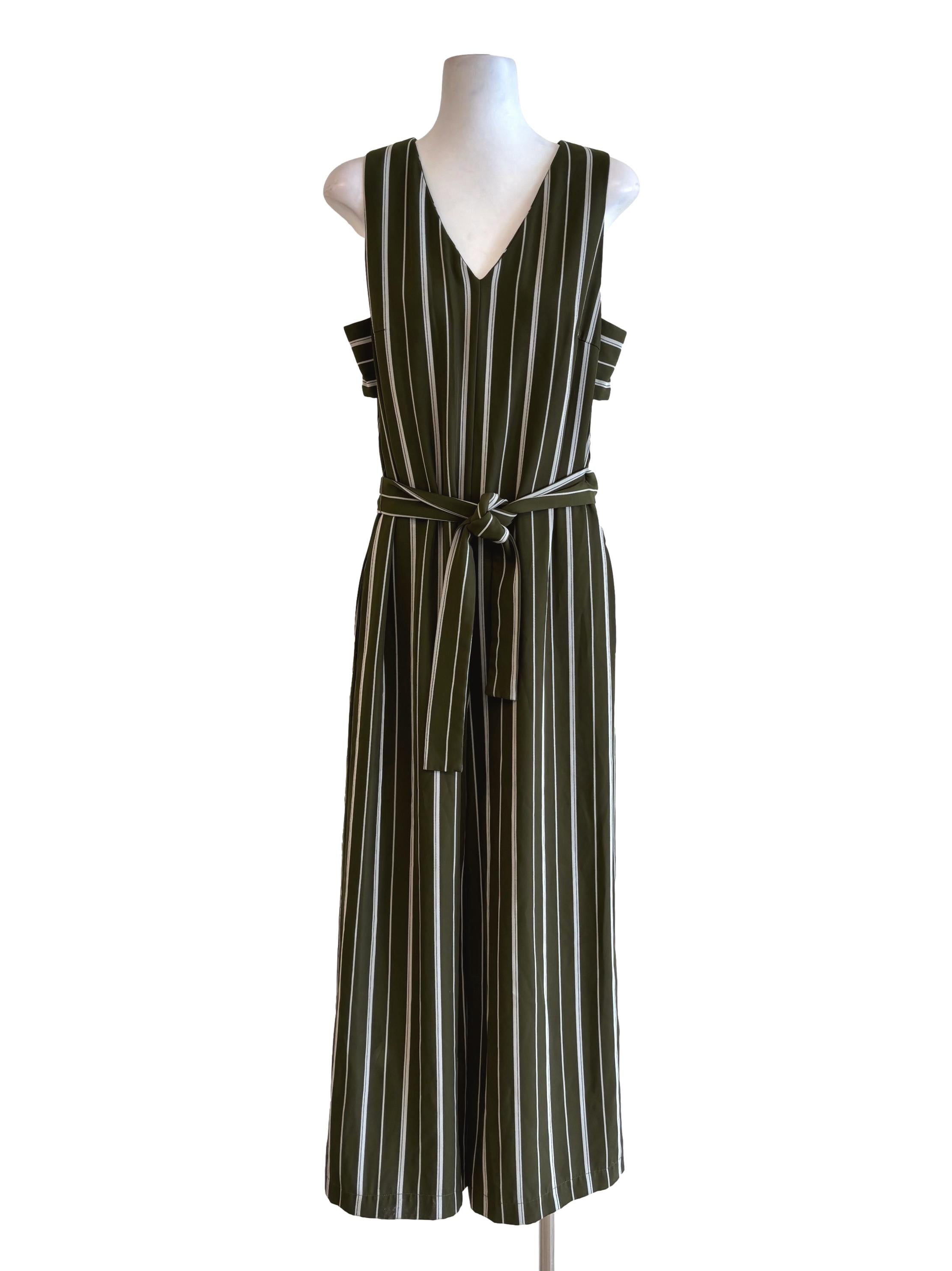 Olive Green Sleeveless Striped Jumpsuit