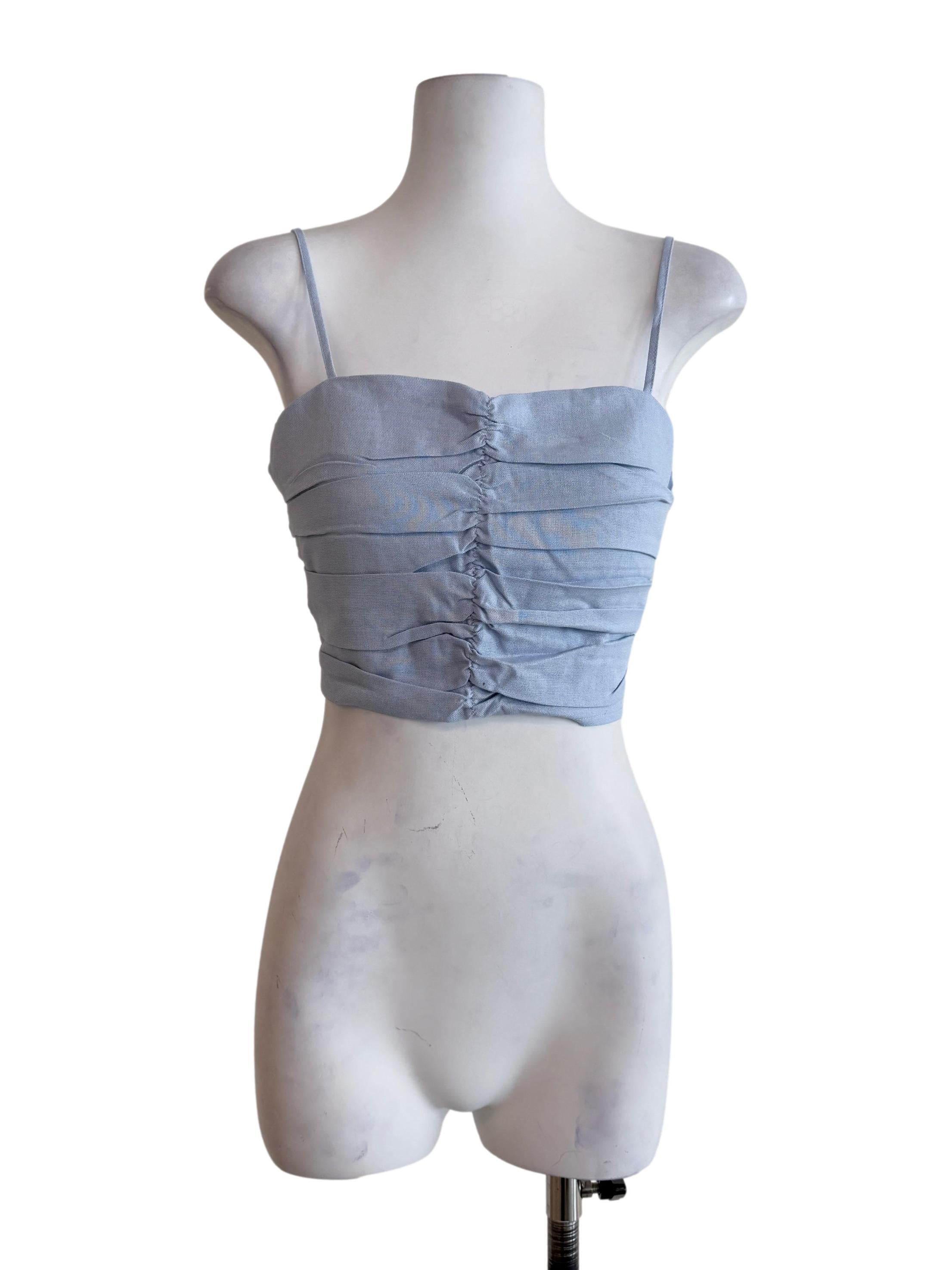 Blue Polina Ruched Linen Crop Top