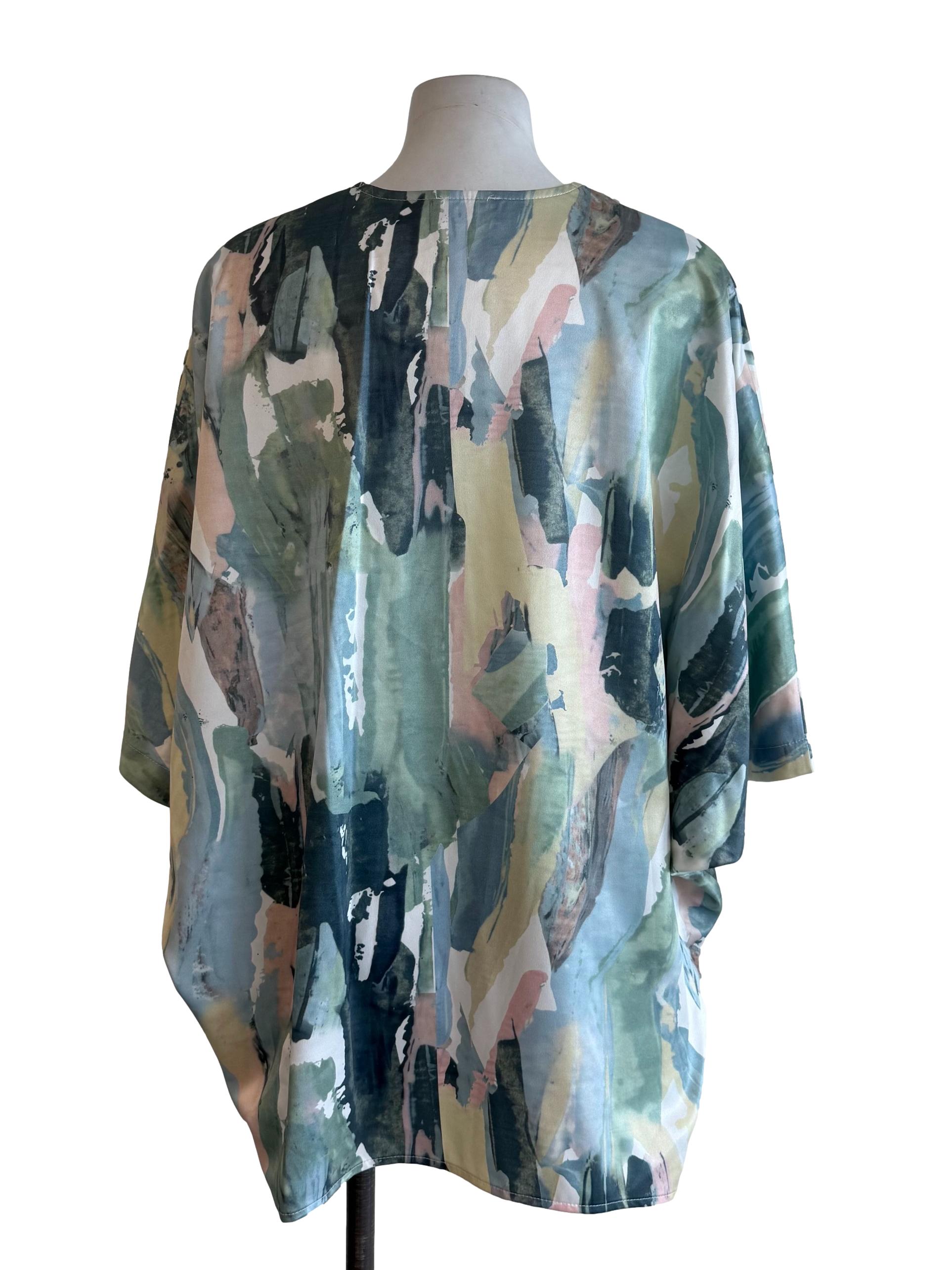 Green Painting Satin Kimono