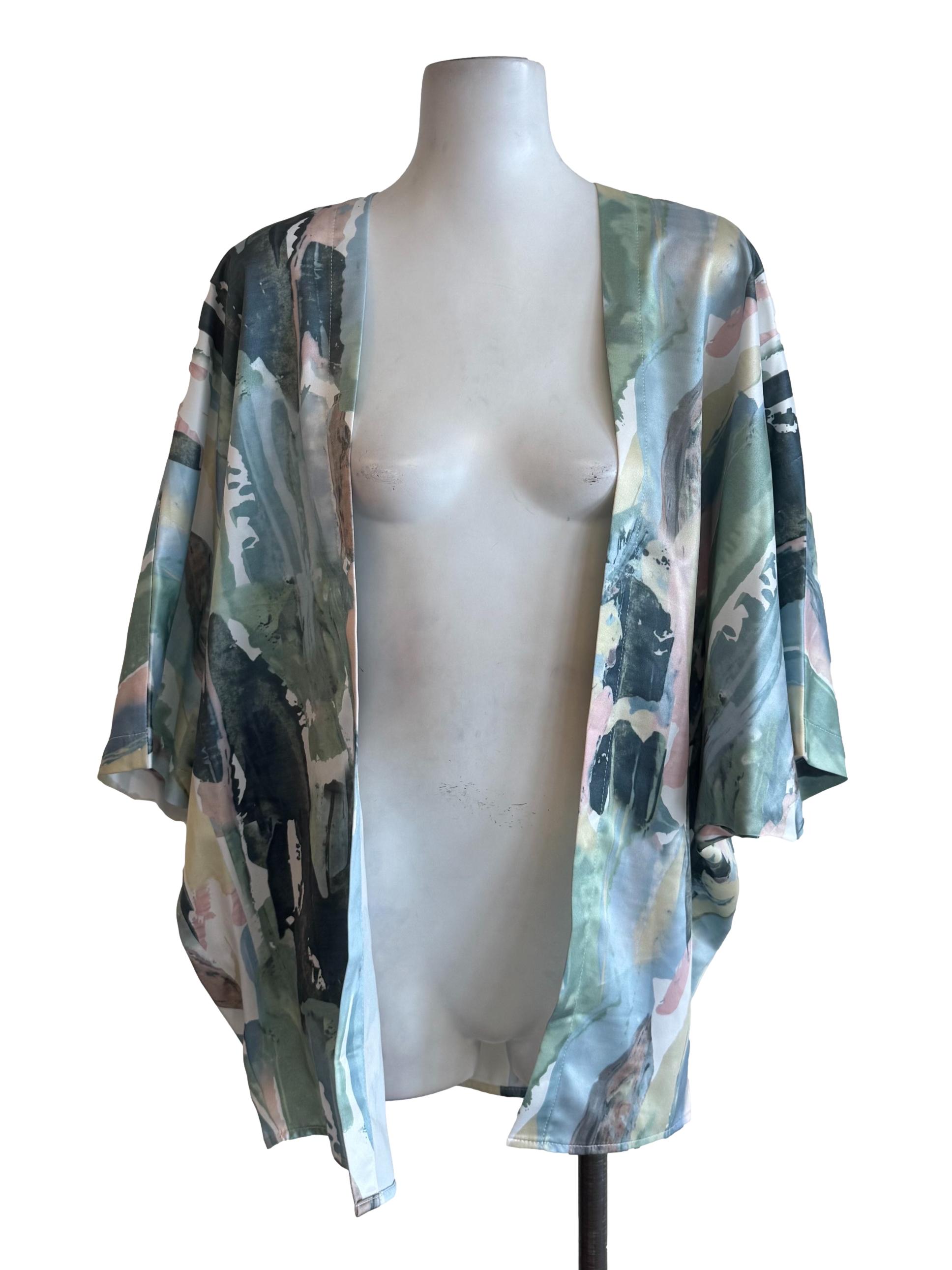 Green Painting Satin Kimono