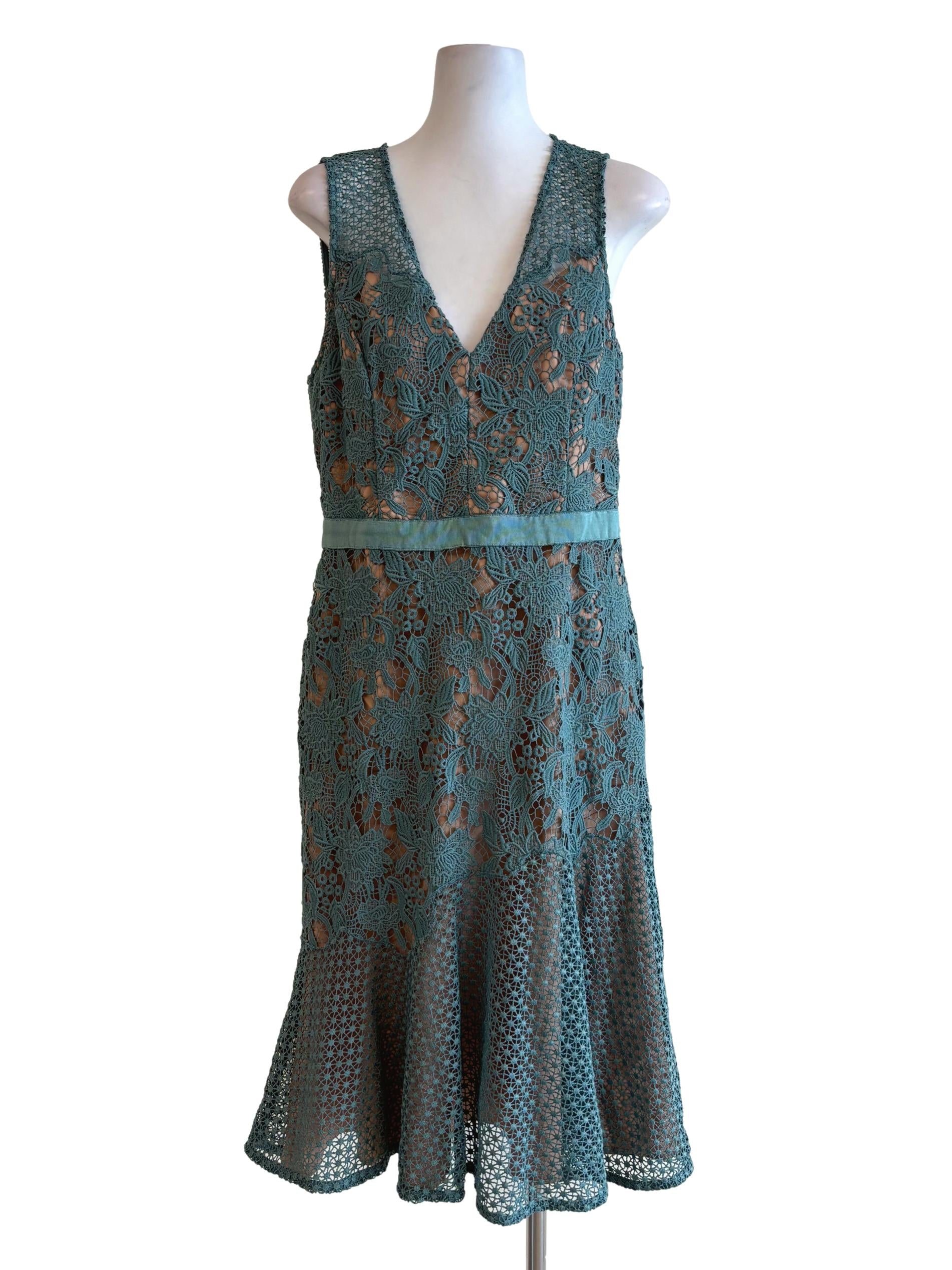 Teal Lined Ruffle Lace Dress