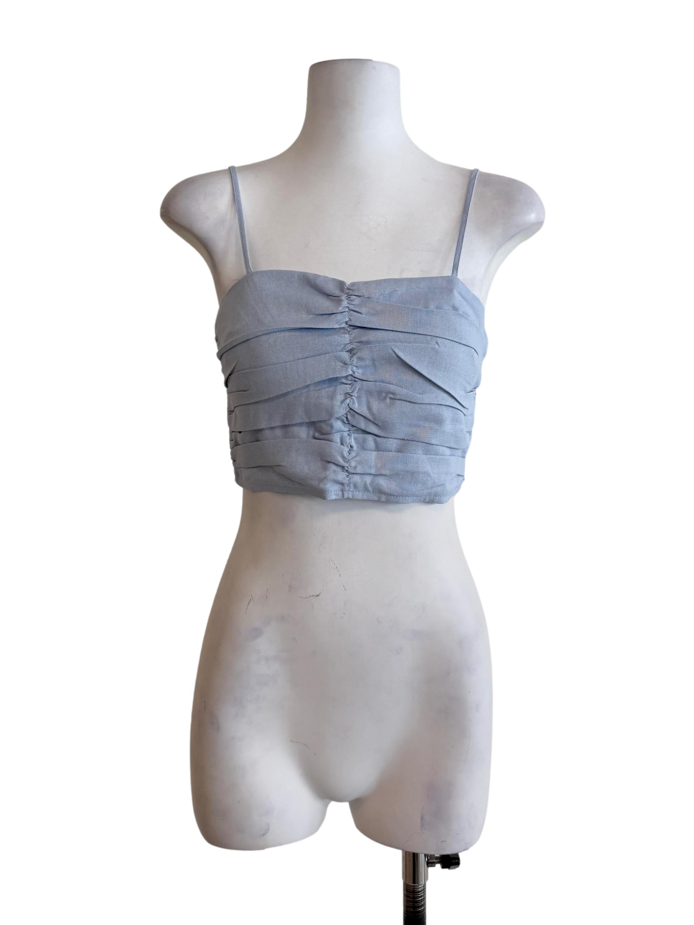Blue Polina Ruched Linen Crop Top