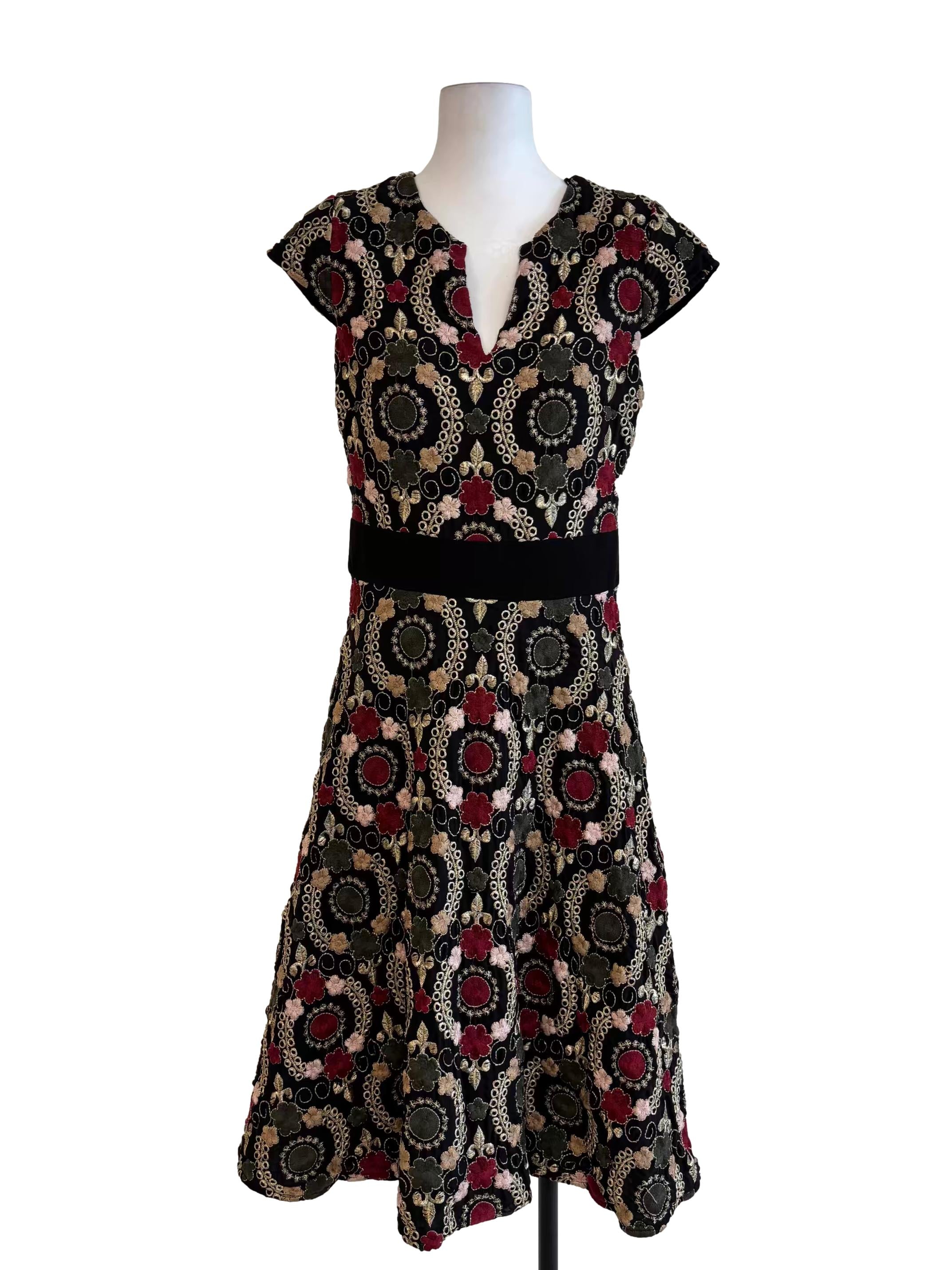Black Pattern Embroidered A-Line Dress