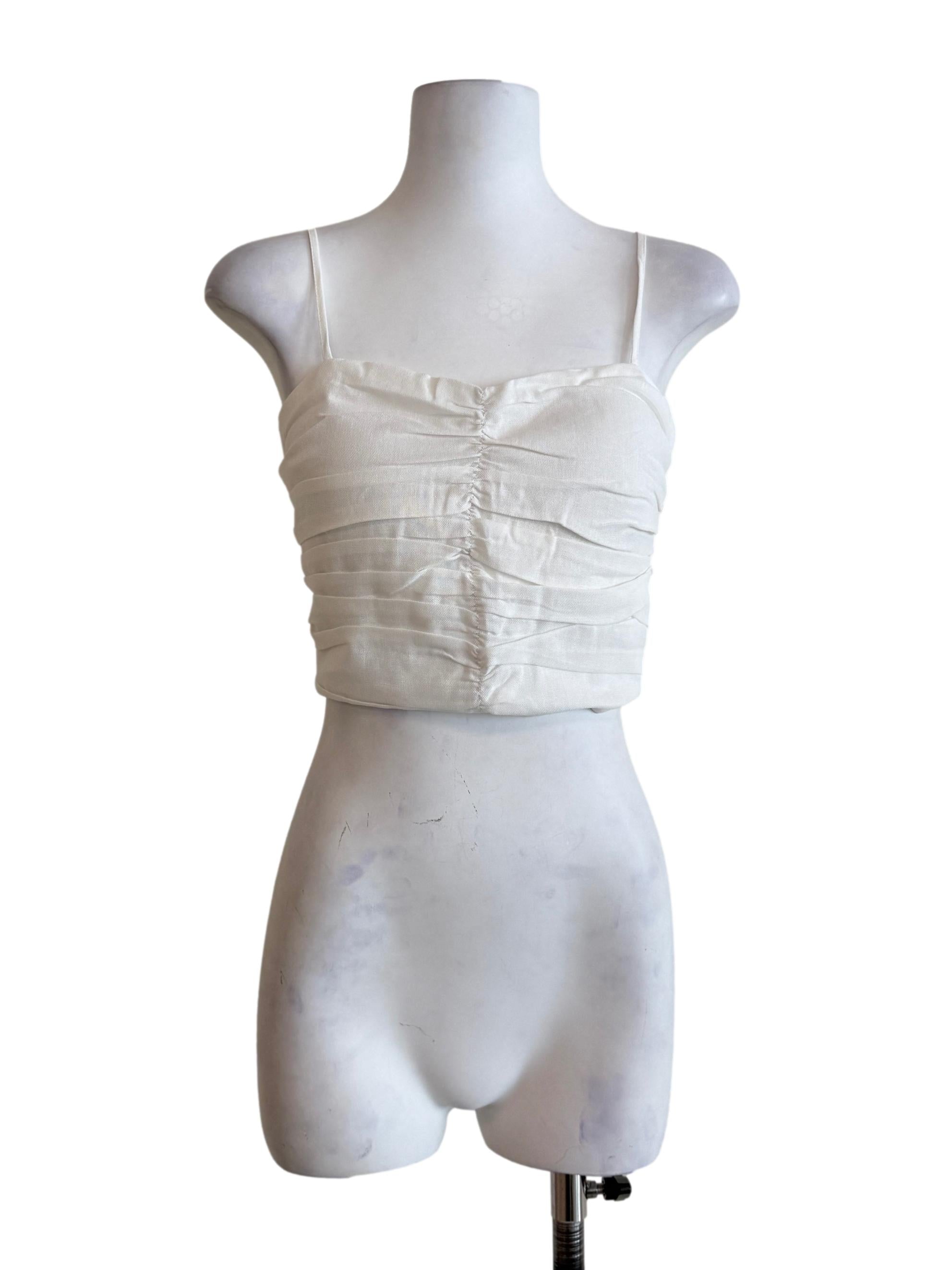 White Polina Ruched Linen Crop Top