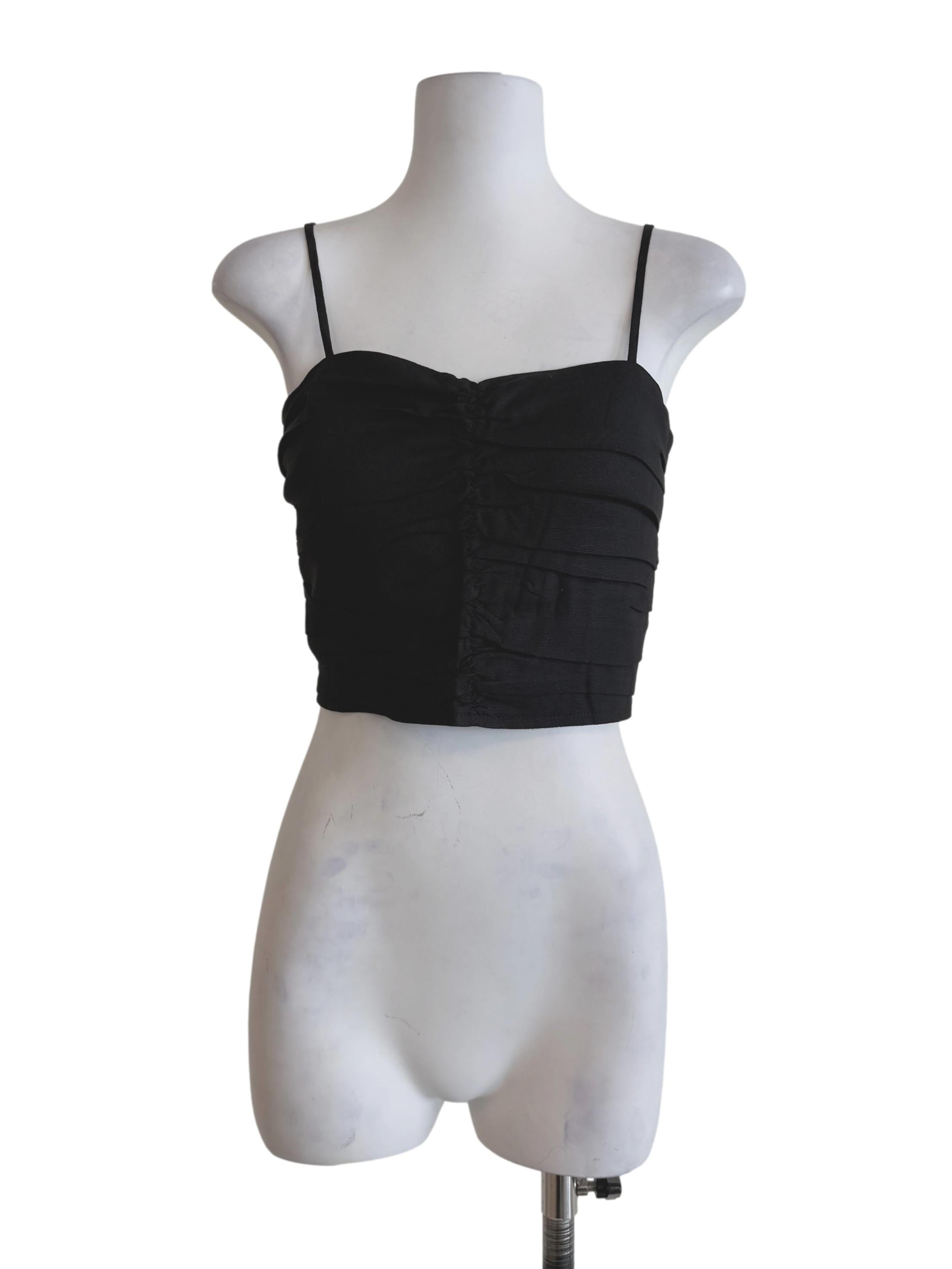 Black Polina Ruched Linen Crop Top