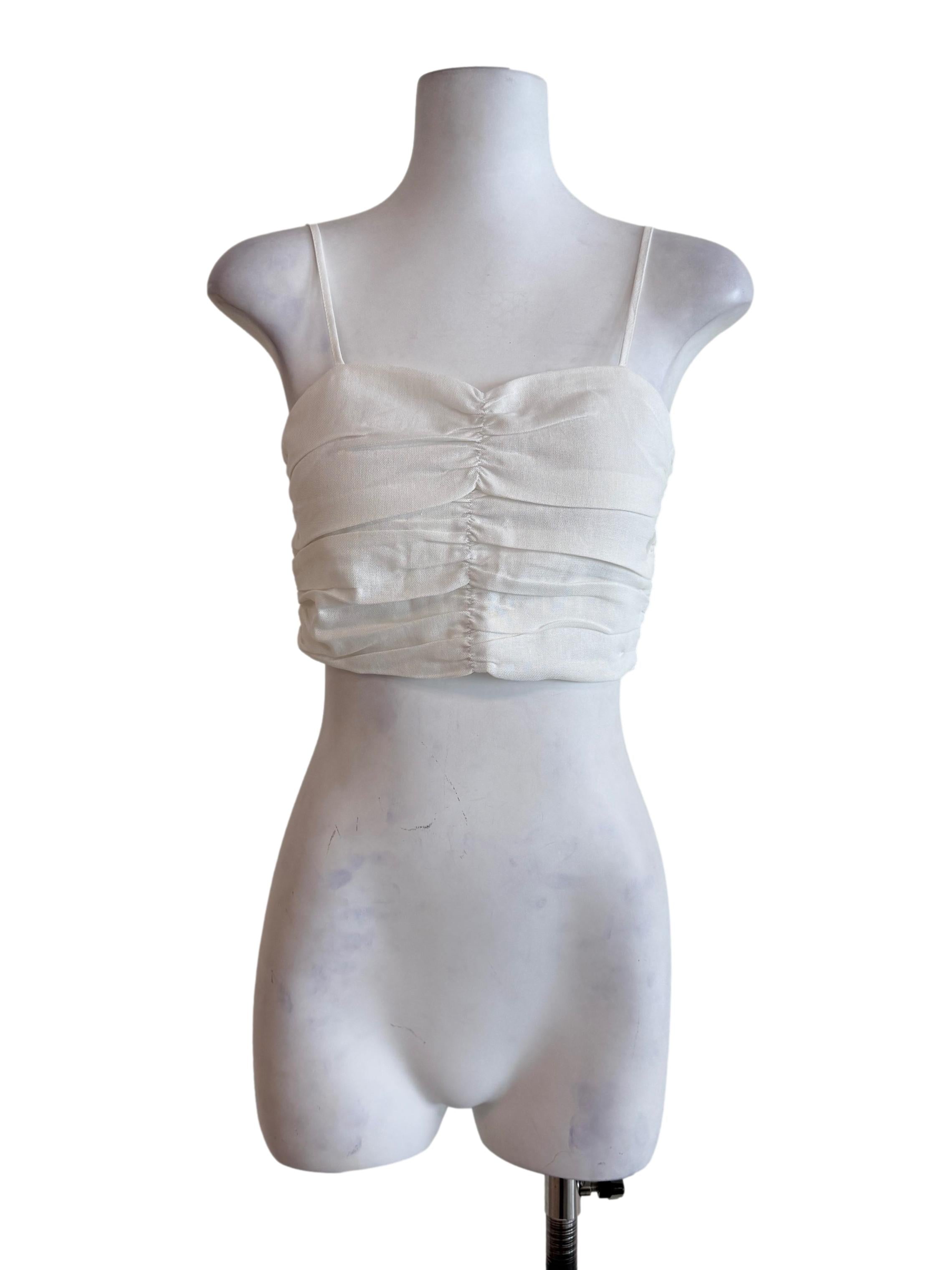 White Polina Ruched Linen Crop Top
