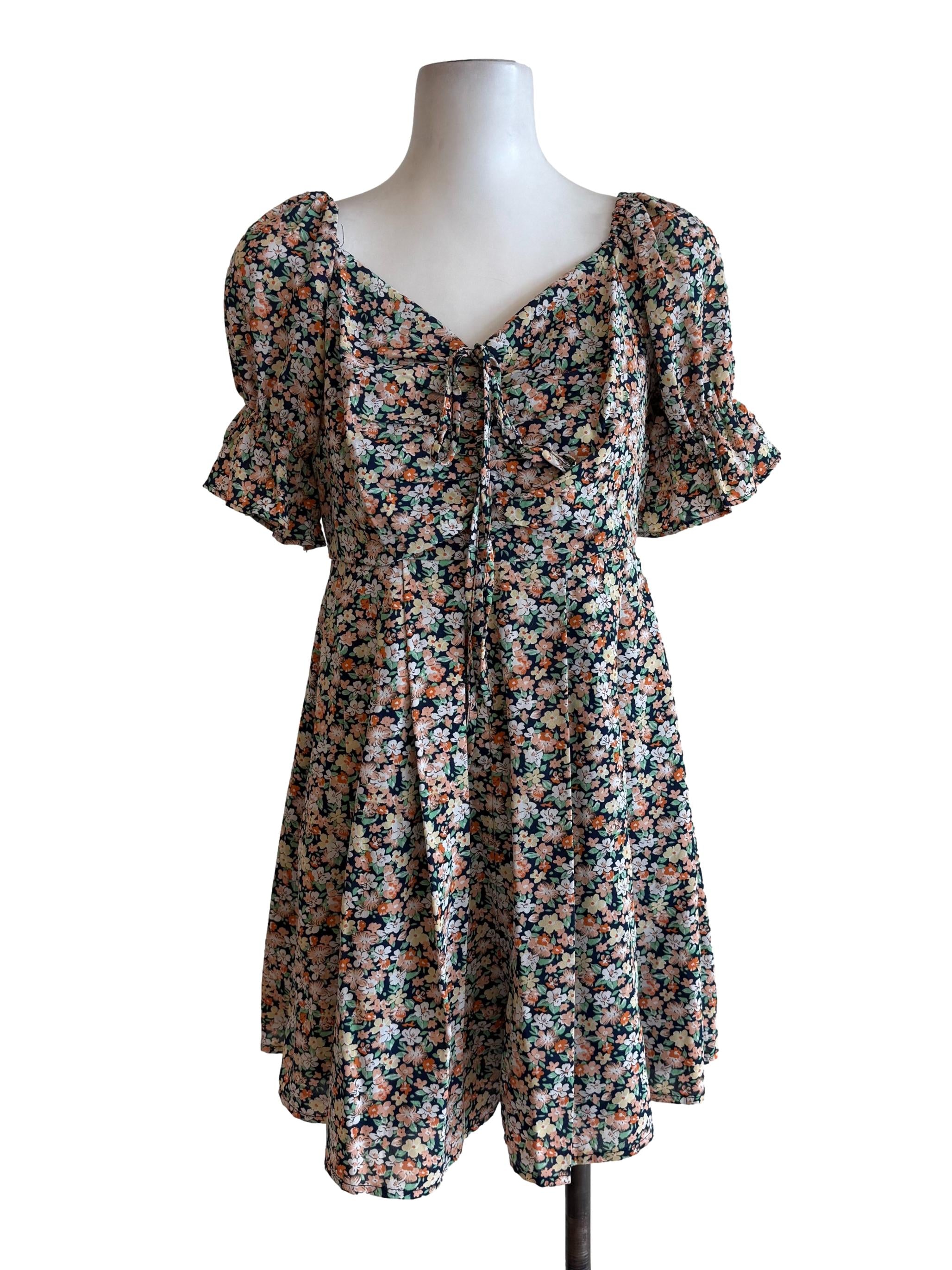 Navy Floral Puff Sleeves Romper