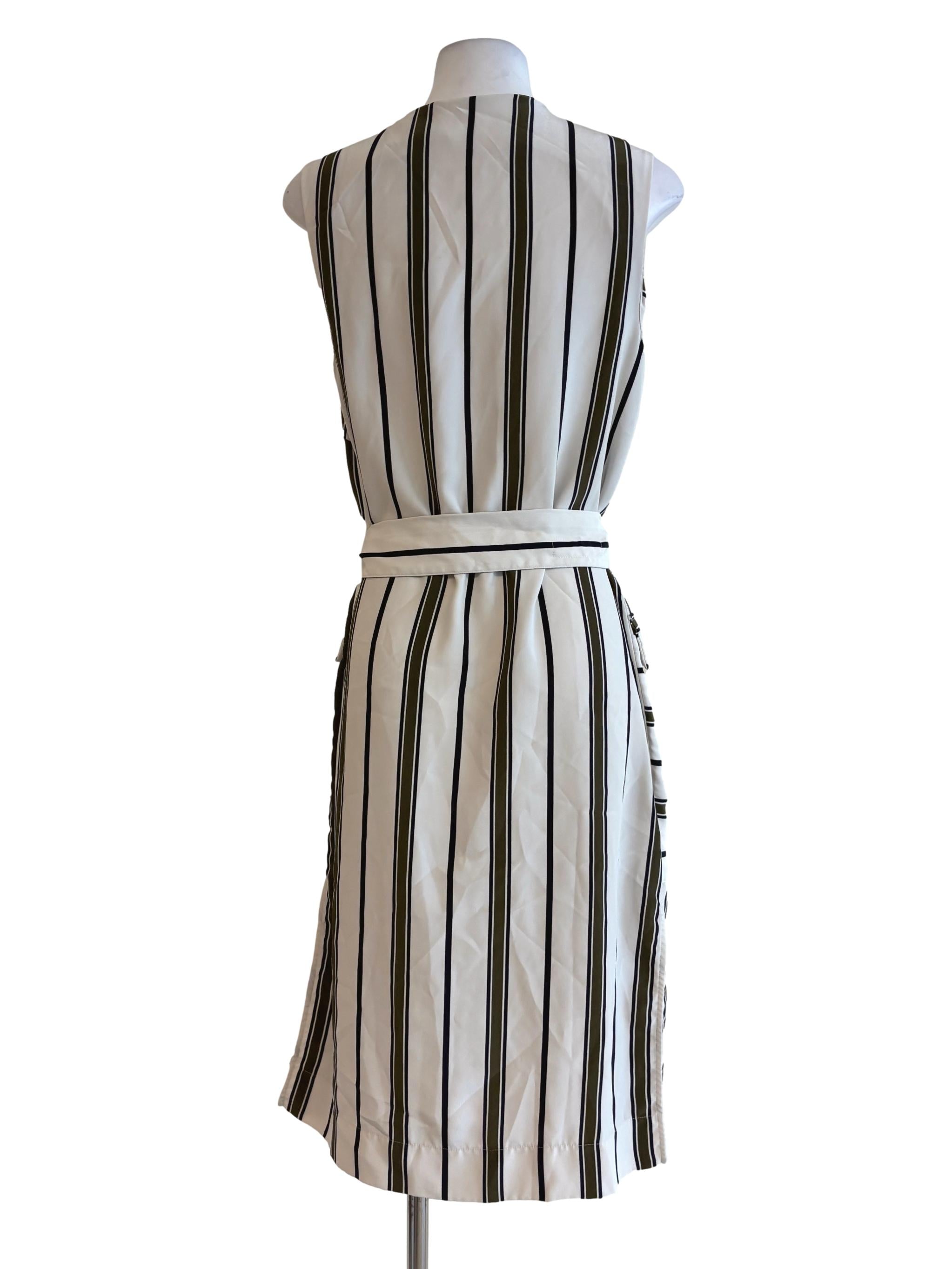 Powder White Black Stripes Sleeveless Button Dress