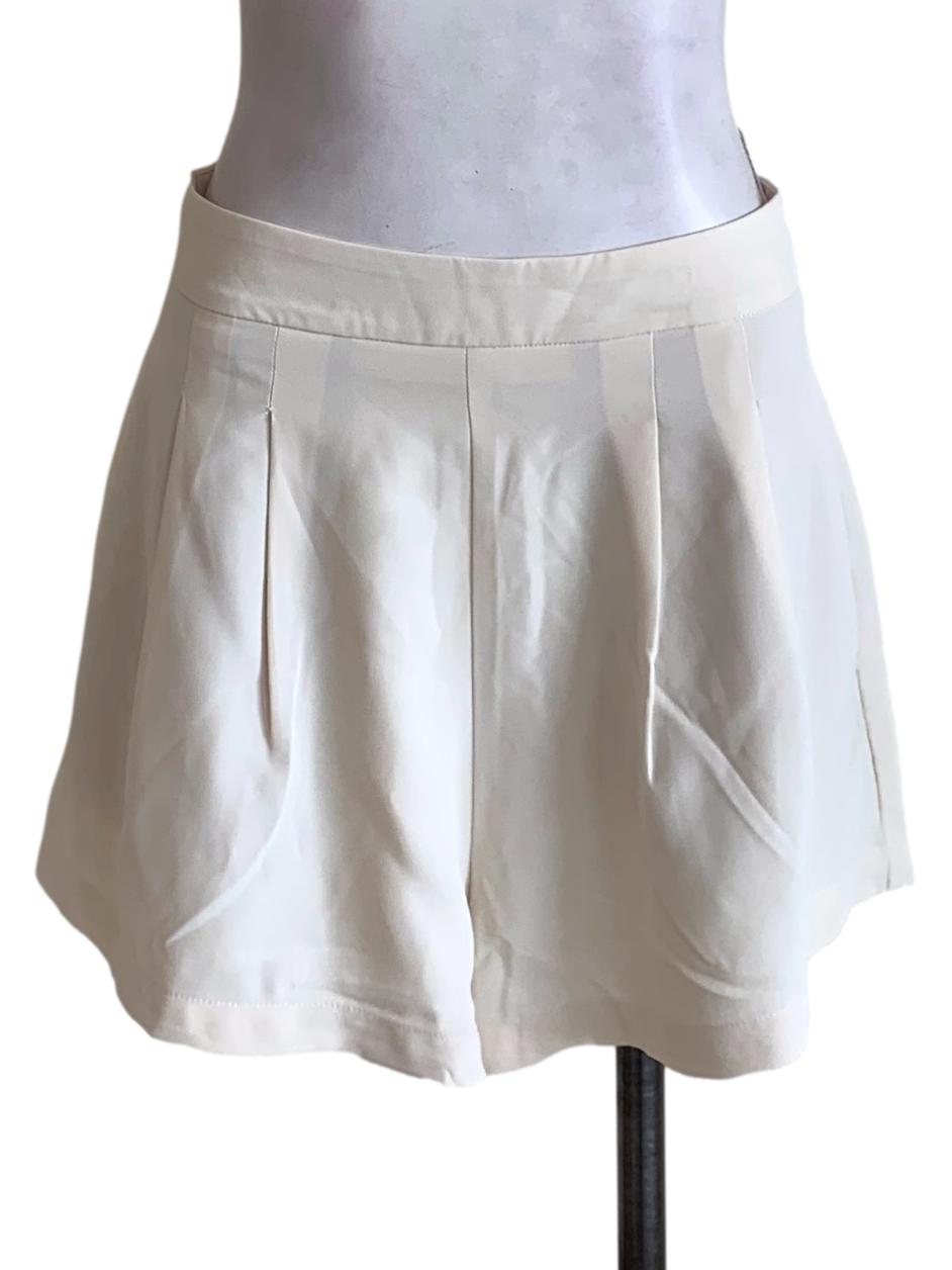 Cream Pleated High-Waisted Shorts