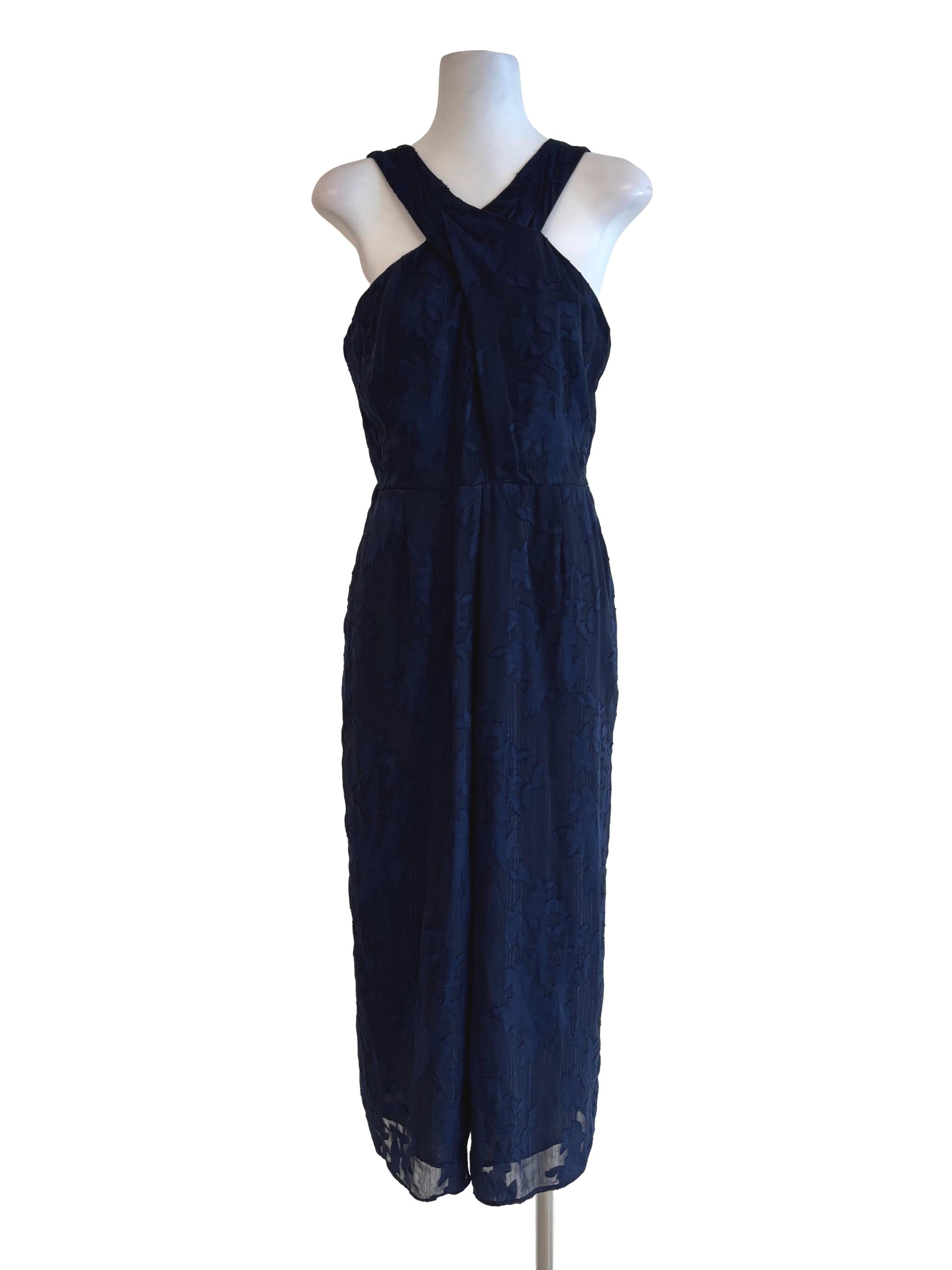 Navy Blue Cross Textured Floral Jumpsuit
