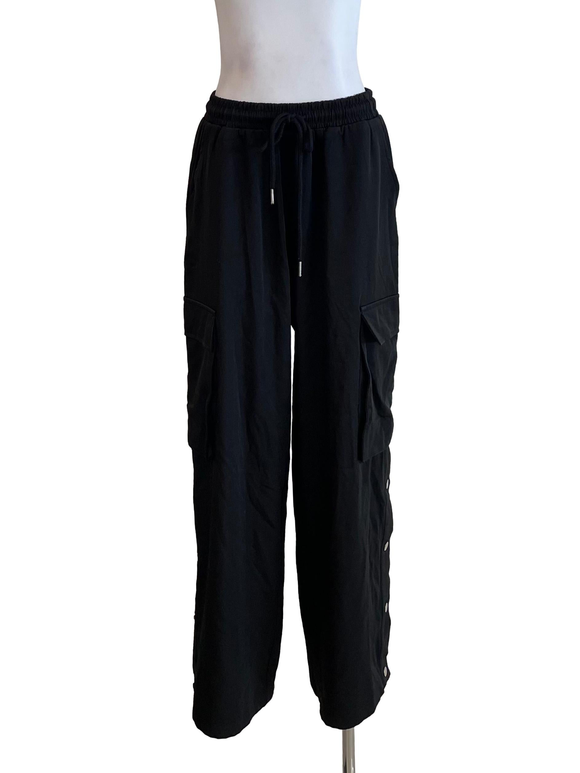 Black Side Buttons Baggy Pants