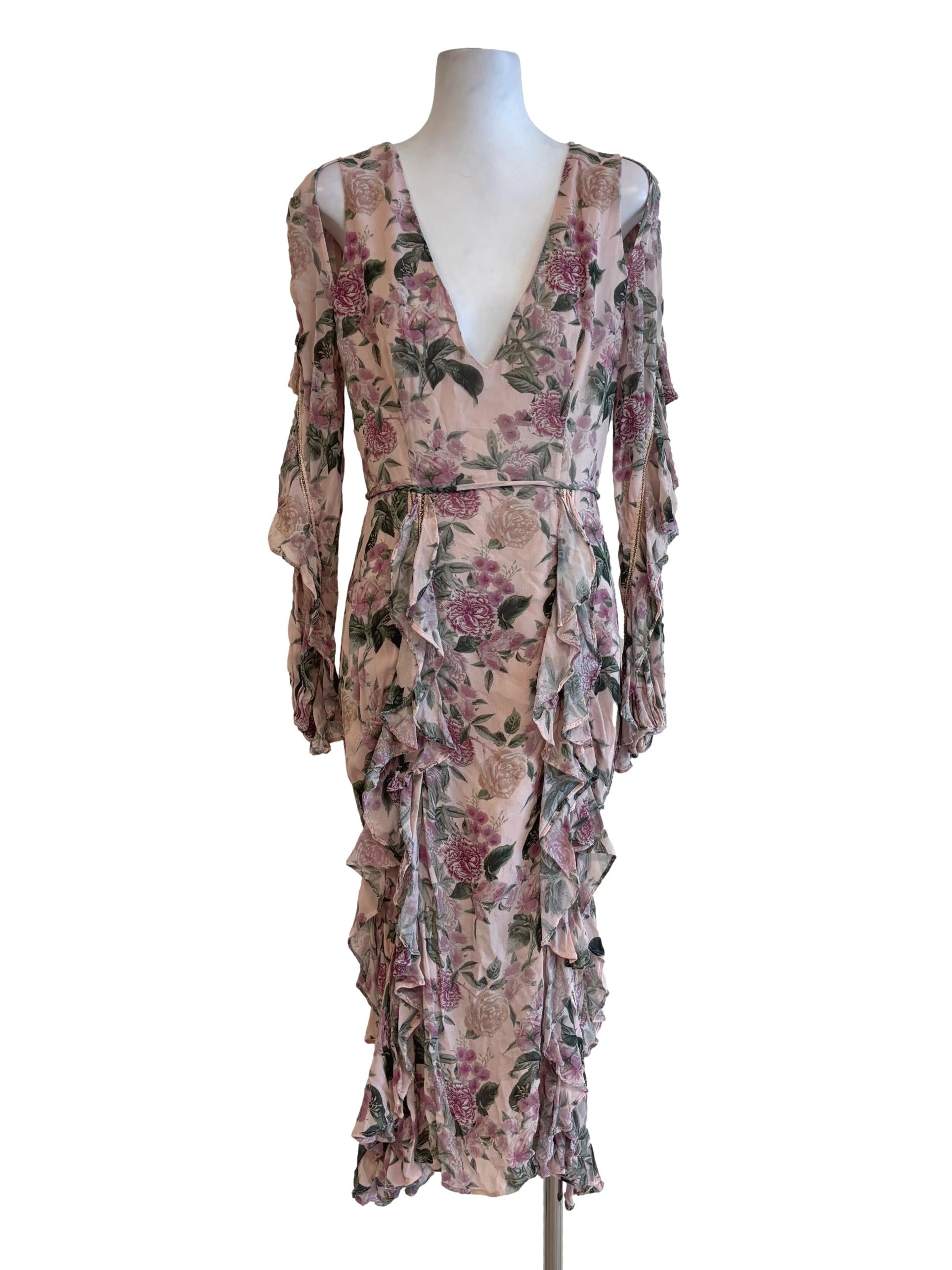Nude Pink Plunge Neck Floral Ruffle Dress