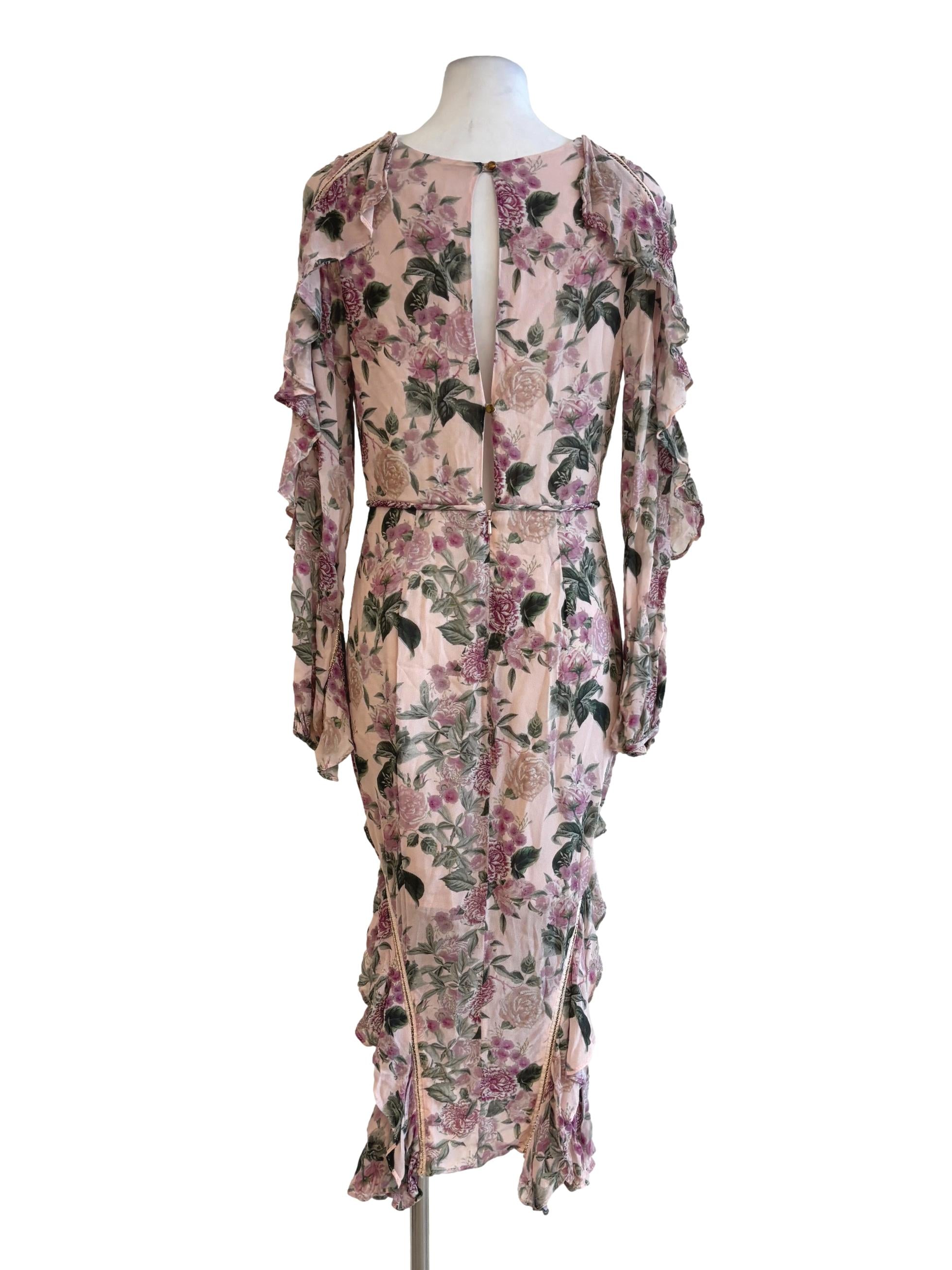 Nude Pink Plunge Neck Floral Ruffle Dress