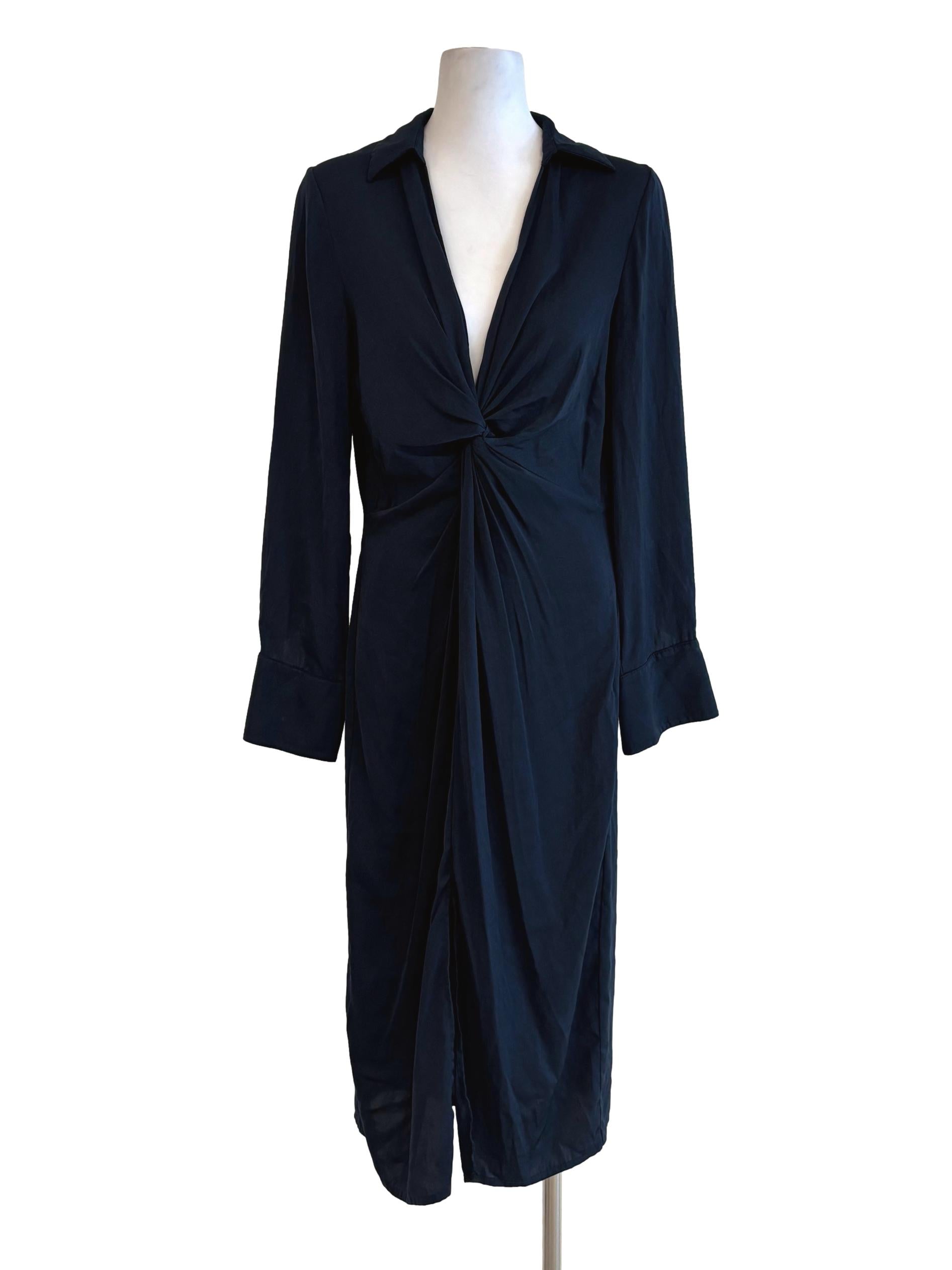 Midnight Blue Front Twist Long Sleeve Dress