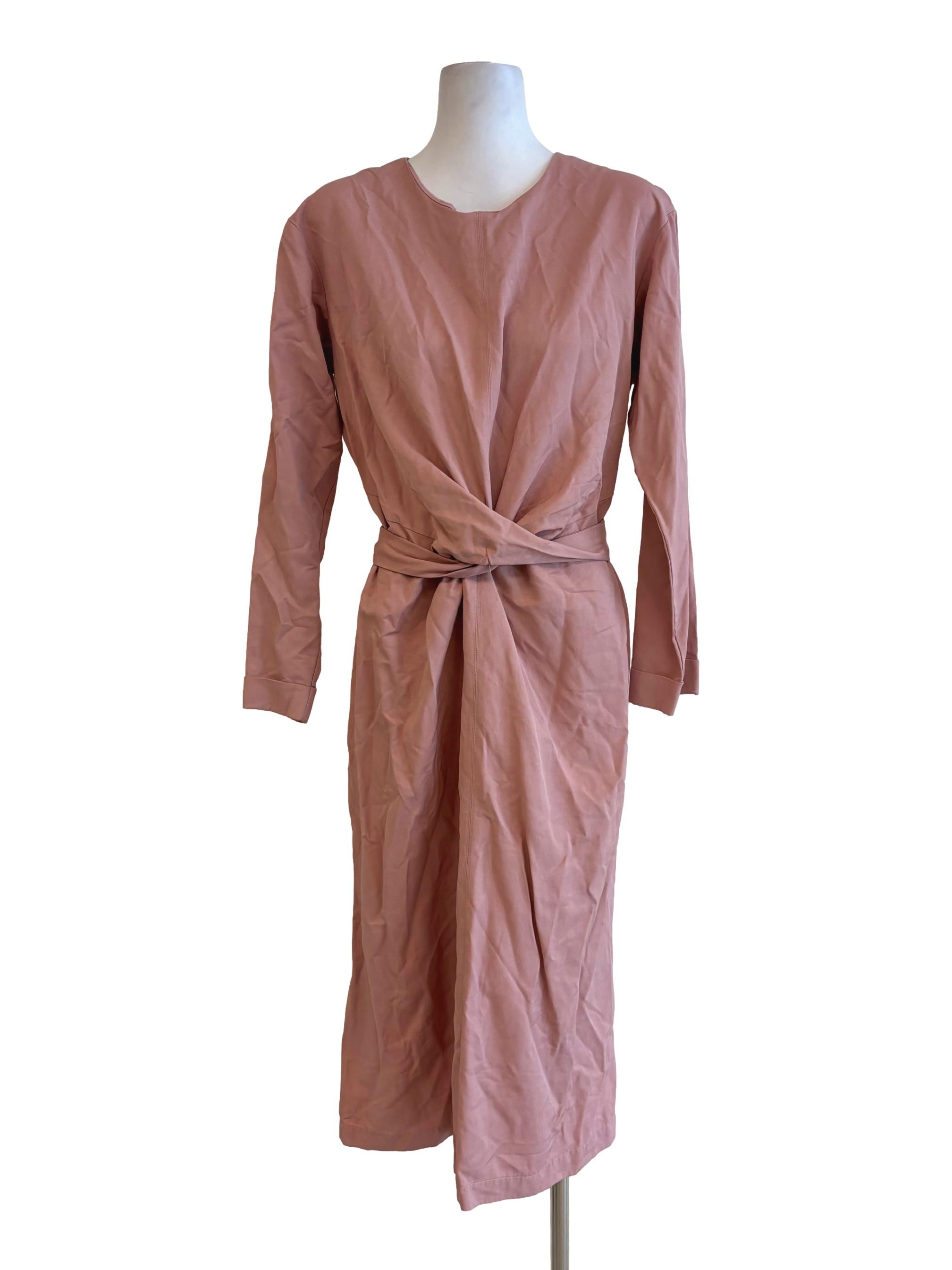 Coral Pink Long Sleeve Front Knot Dress